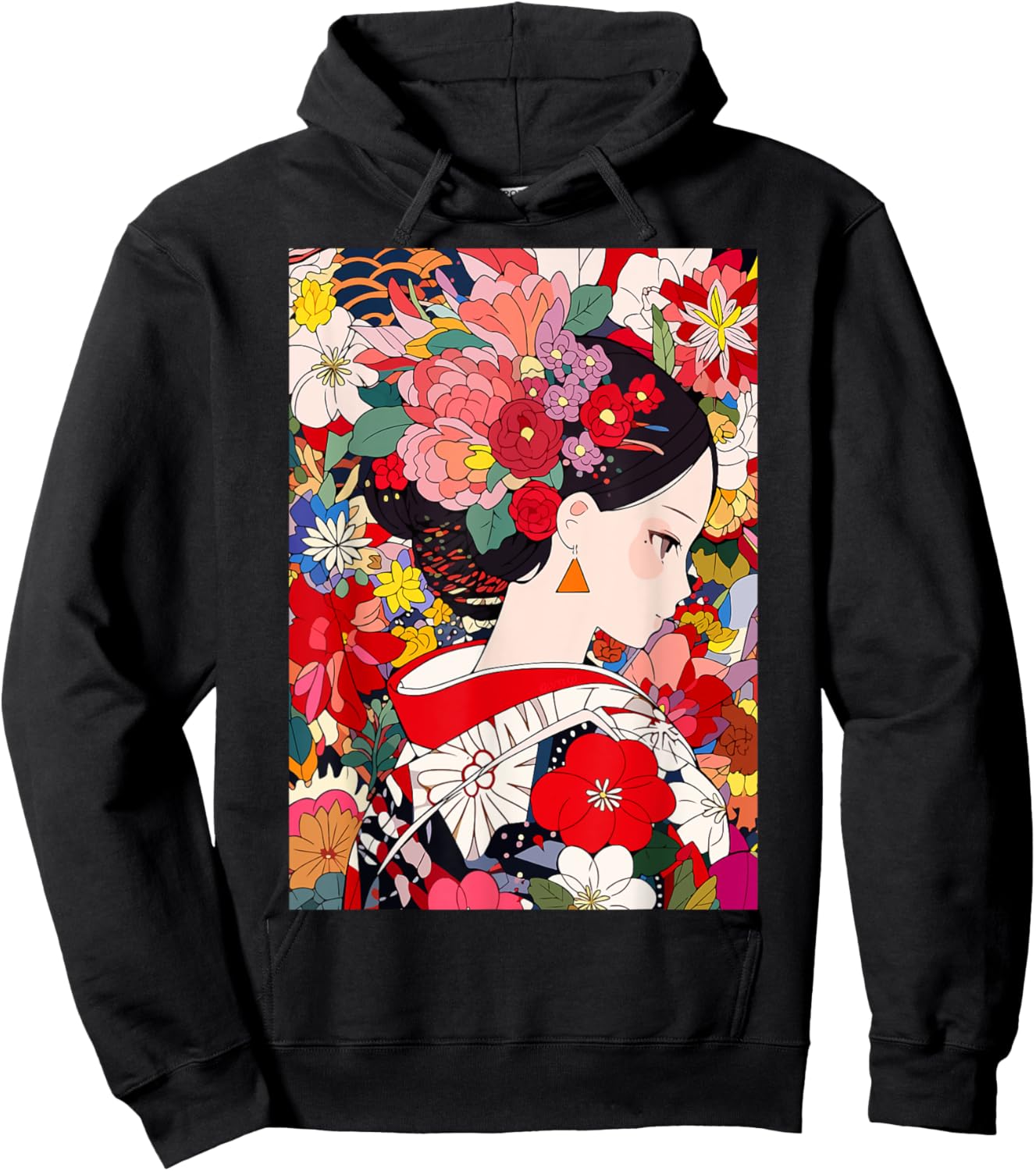 Japanese Flower Kimono Girl Cute Kawaii Anime Art Hoodie - Hoodie | Black