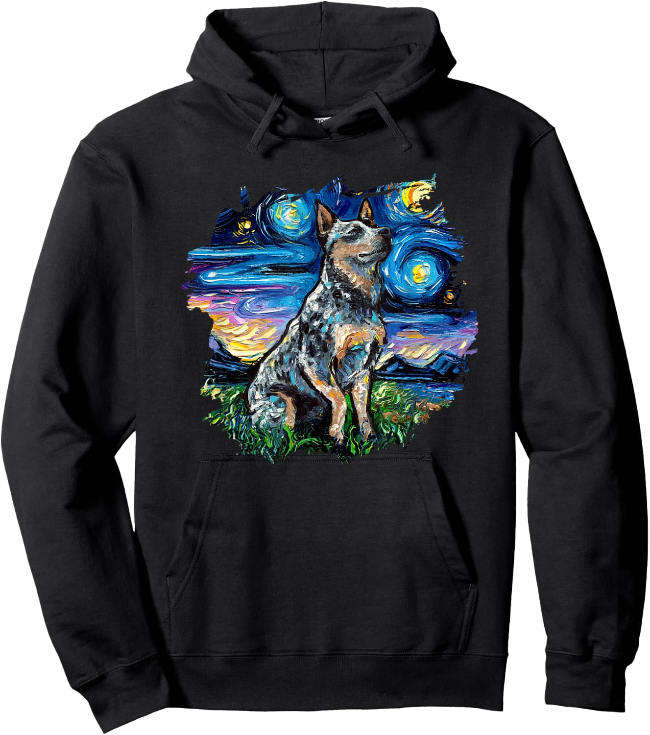 Blue Heeler with border Starry Night Dog Art by Aja Hoodie - Hoodie | Black