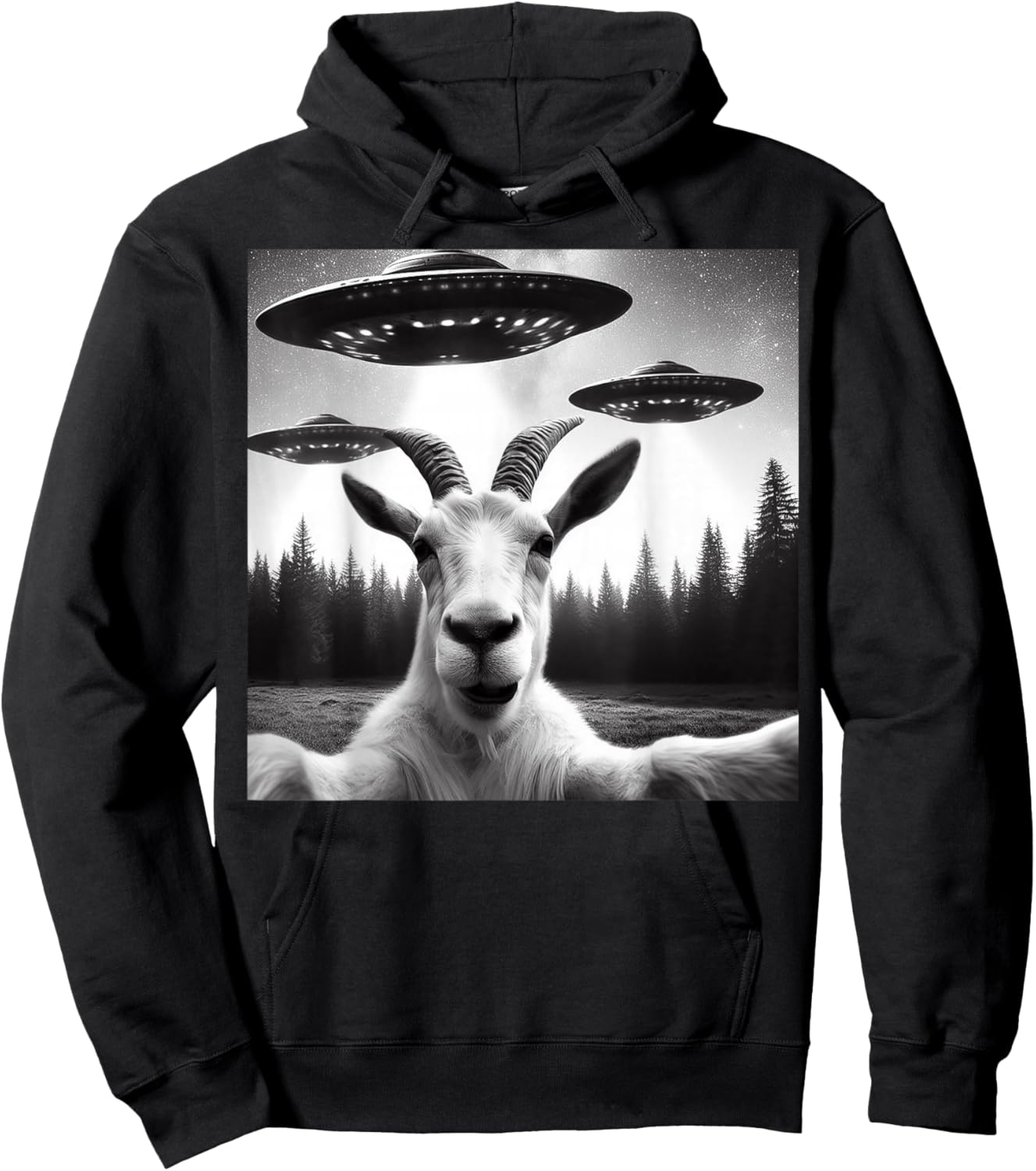 Goat Selfie With Alien UFO Funny Goat Gifts Women Hoodie - Hoodie | Black