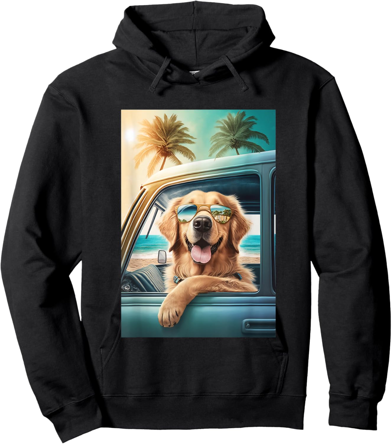 Golden Retriever Sunglasses Beach Palm Trees Car Summer Men Women Kids Hoodie - Hoodie | Black
