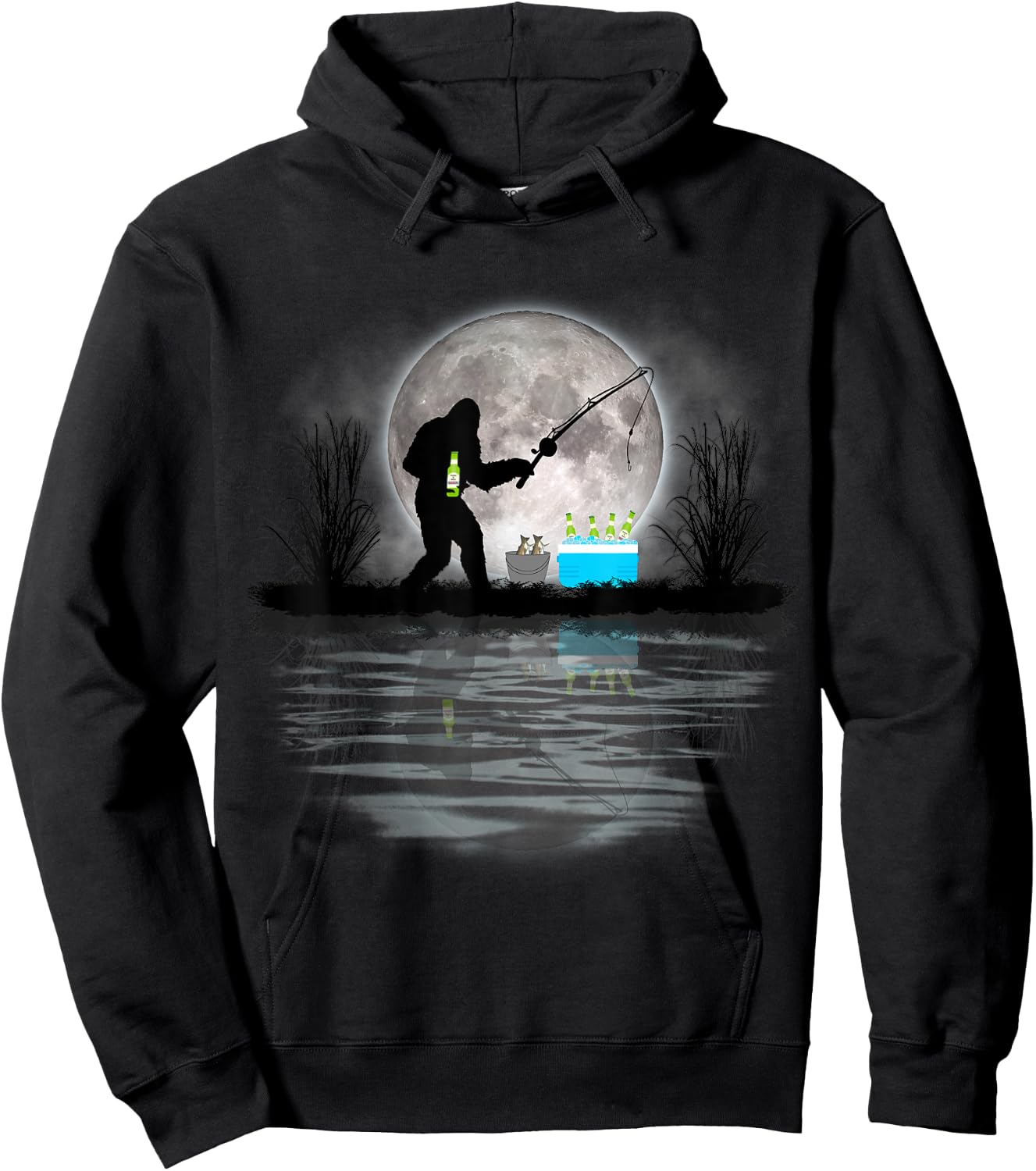 Bigfoot Fishing Funny Sasquatch Fishing & Beer Gift Hoodie - Hoodie | Black