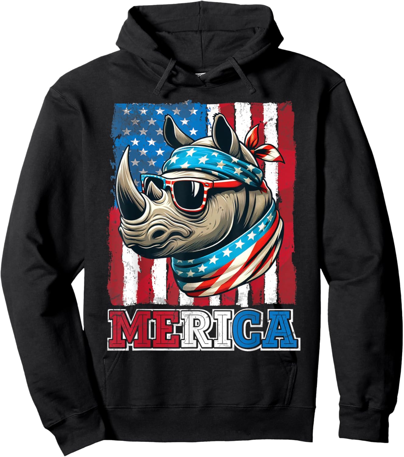 Rhino Wearing US Flag Costume Independence July 4th MERICA Women Men Hoodie - Hoodie | Black