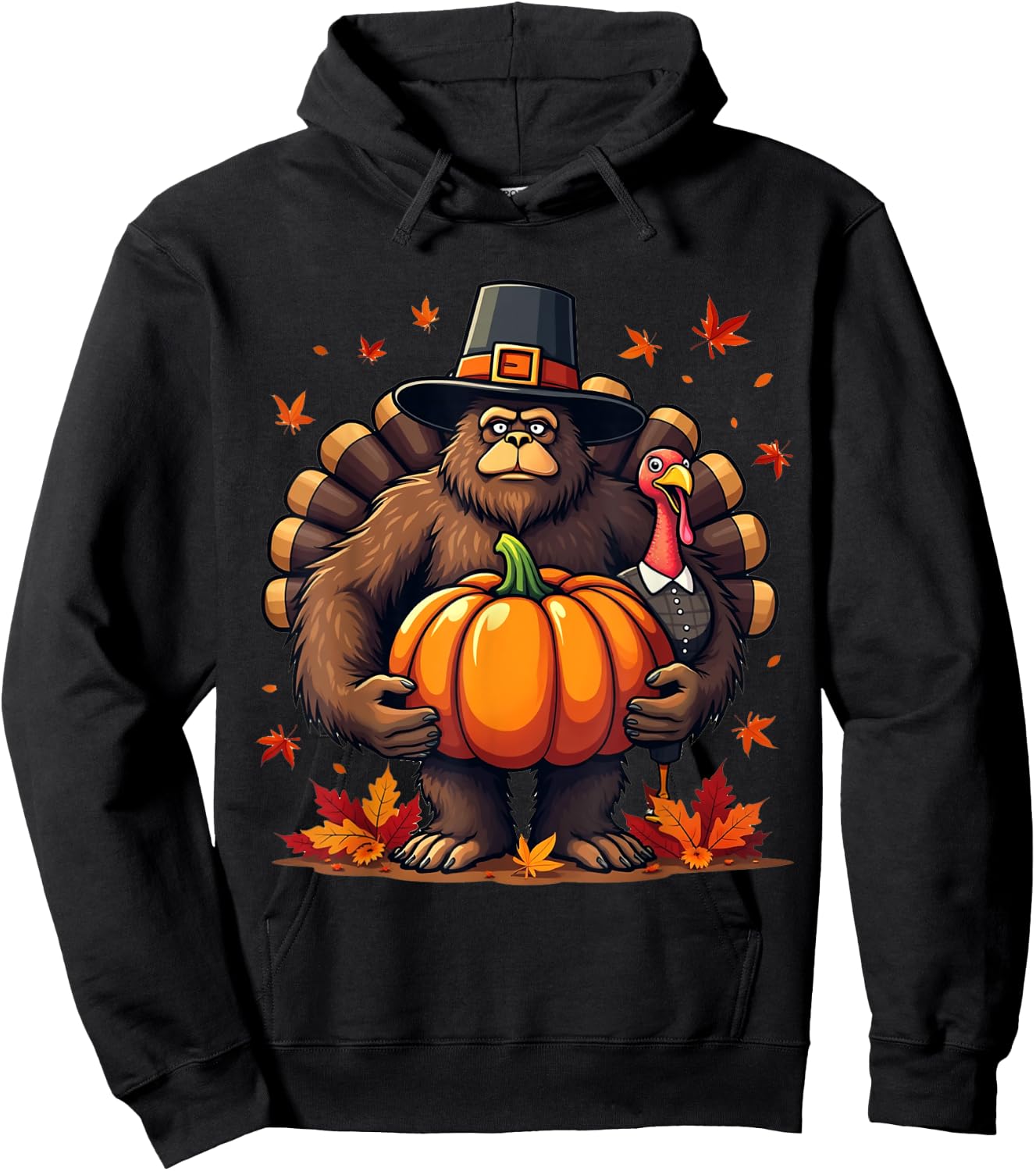Bigfoot Pilgrim Thanksgiving with Pumpkin and Turkey Hoodie - Hoodie | Black