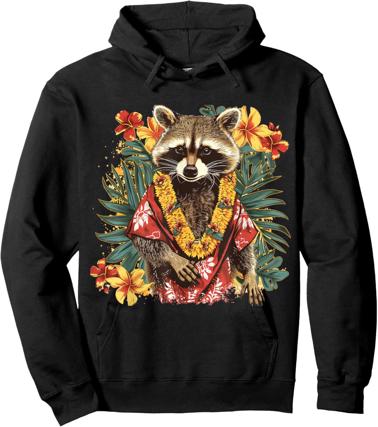 Hawaiian Hibiscus Flowers Hawaiian Raccoon Hoodie - Hoodie | Black