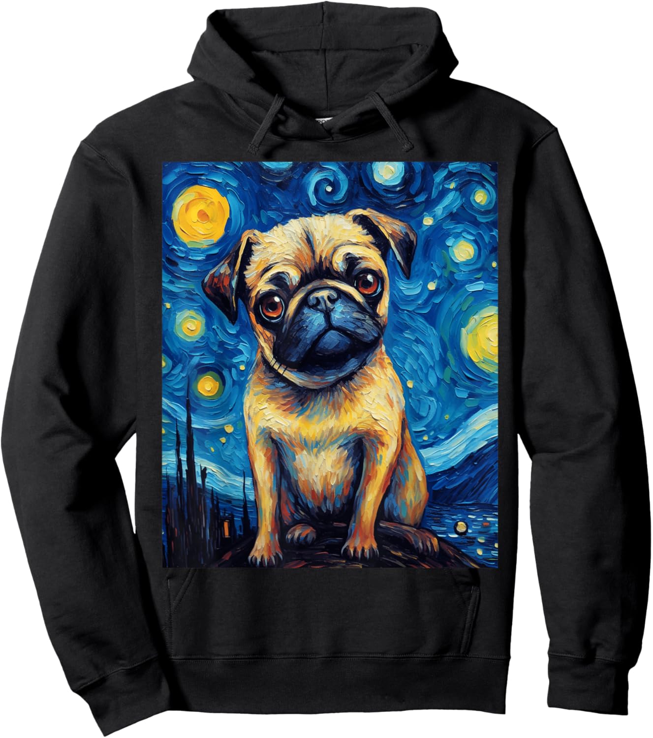 Starry Night Pug Dog Van Gogh Sky Painting Art Pug Lovers Hoodie - Hoodie | Black