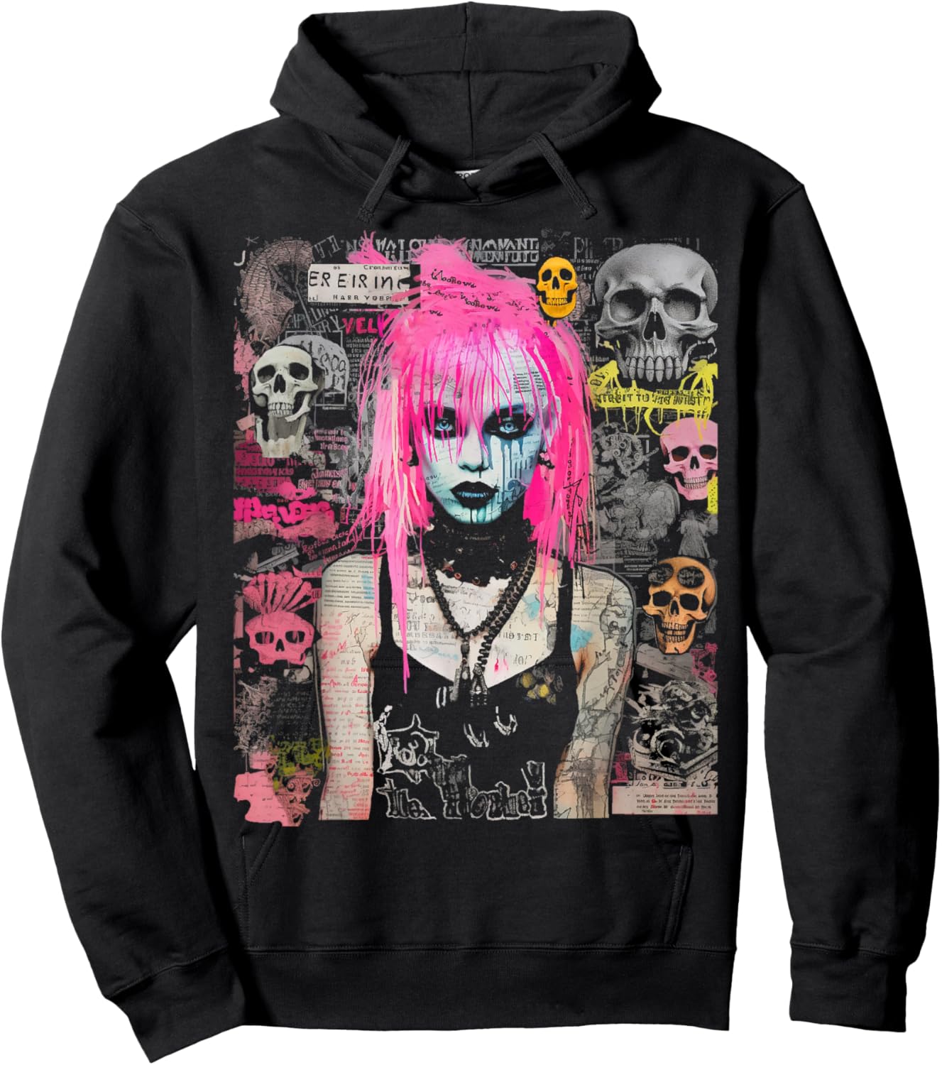 Pink Hair Punk Goth Witch With Skull Collage Background Hoodie - Hoodie | Black