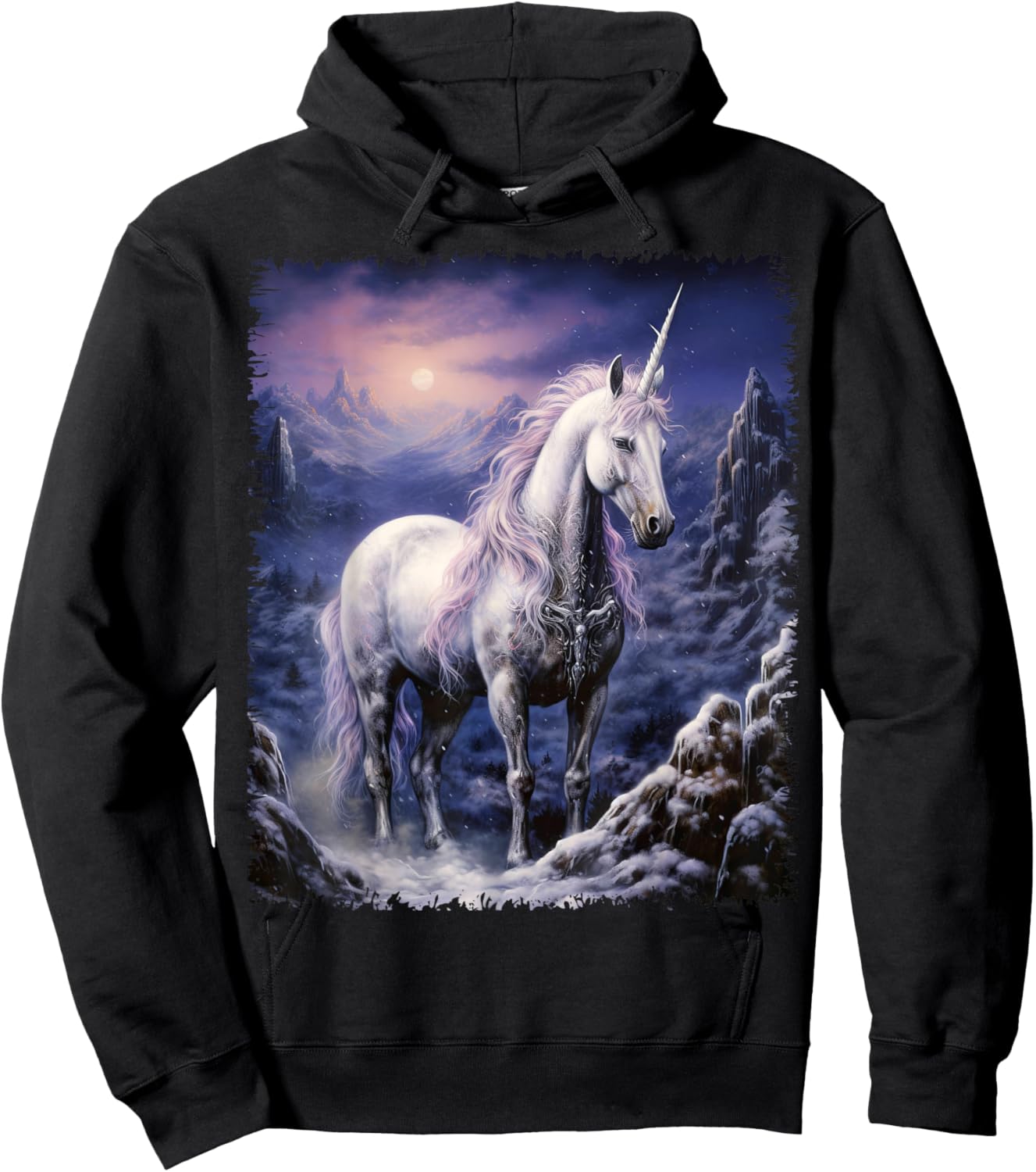 Fantasy white Unicorn standing in the snowy forest Hoodie - Hoodie | Black