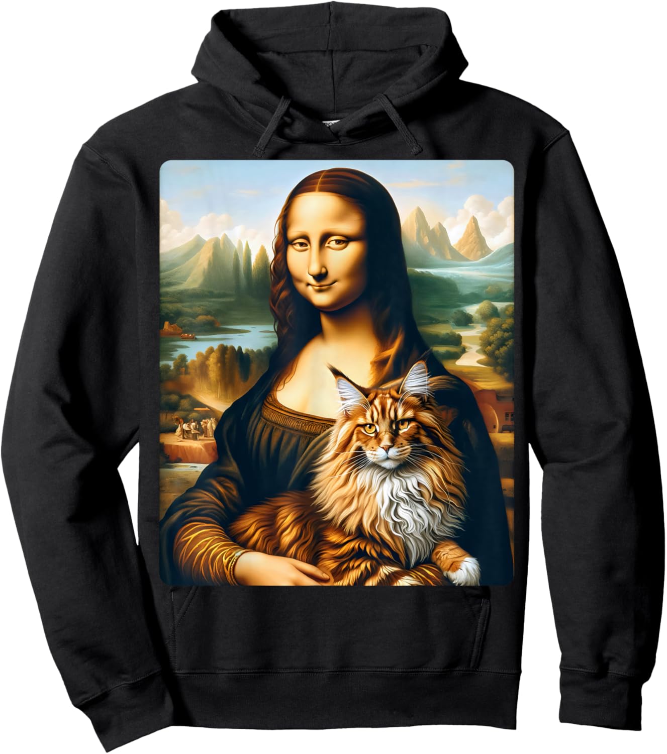 Mona Lisa's Feline Companion: Maine Coon Cat Artwork Women Kids Hoodie - Hoodie | Black