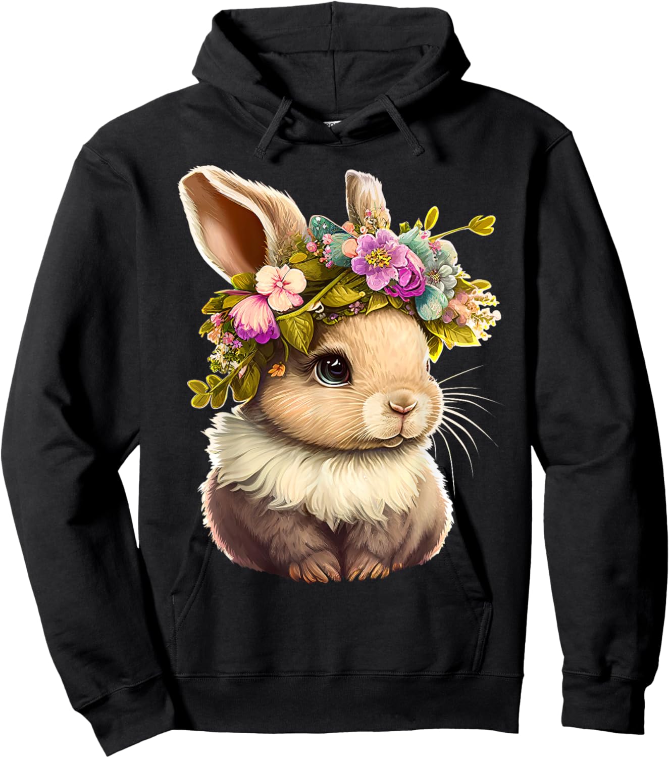 Easter Bunny Rabbit Women - Happy Bunny Flower Graphic Girls Hoodie - Hoodie | Black