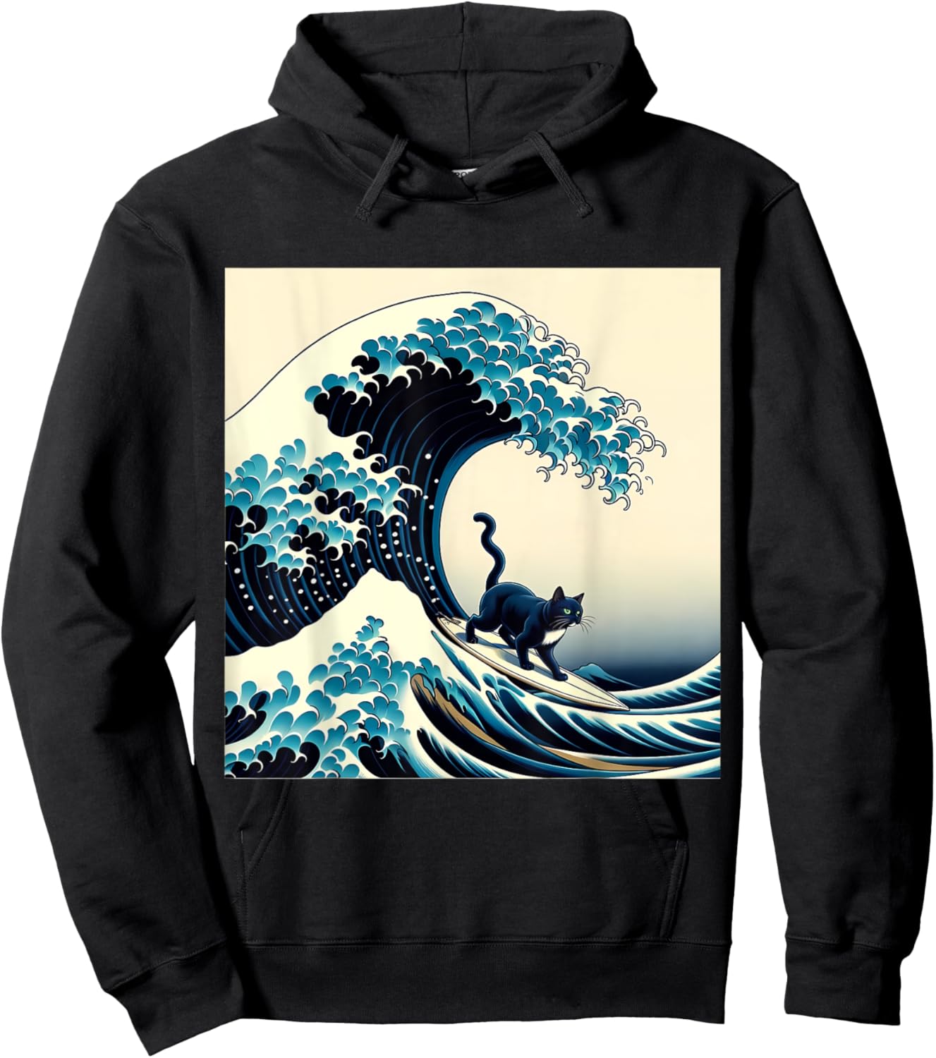 Black Cat With Surf Surfing The Great Wave Men Women Kids Hoodie - Hoodie | Black