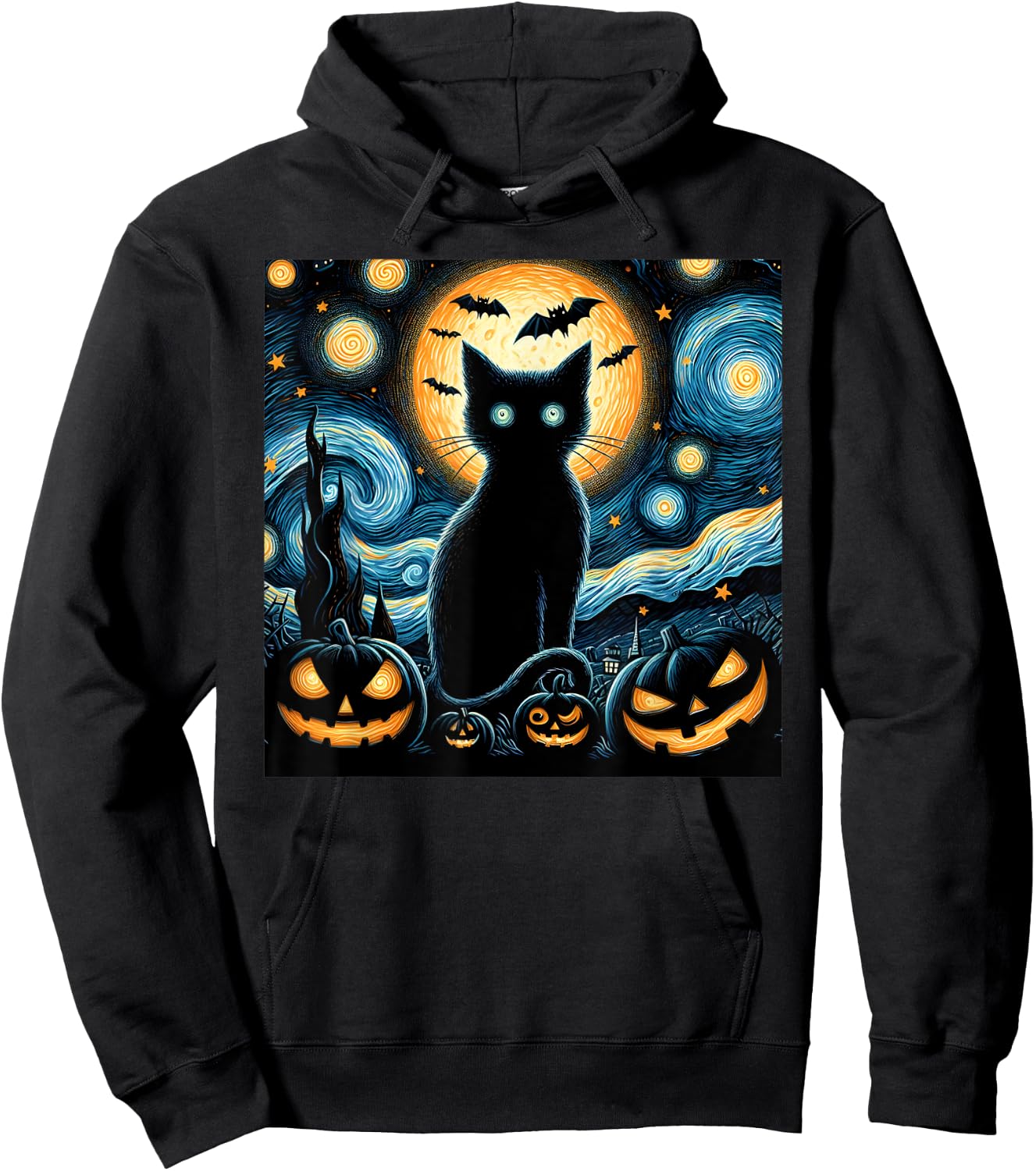 Halloween Starry Night Black Cat Van Gogh Halloween Cat Women Kids Hoodie - Hoodie | Black