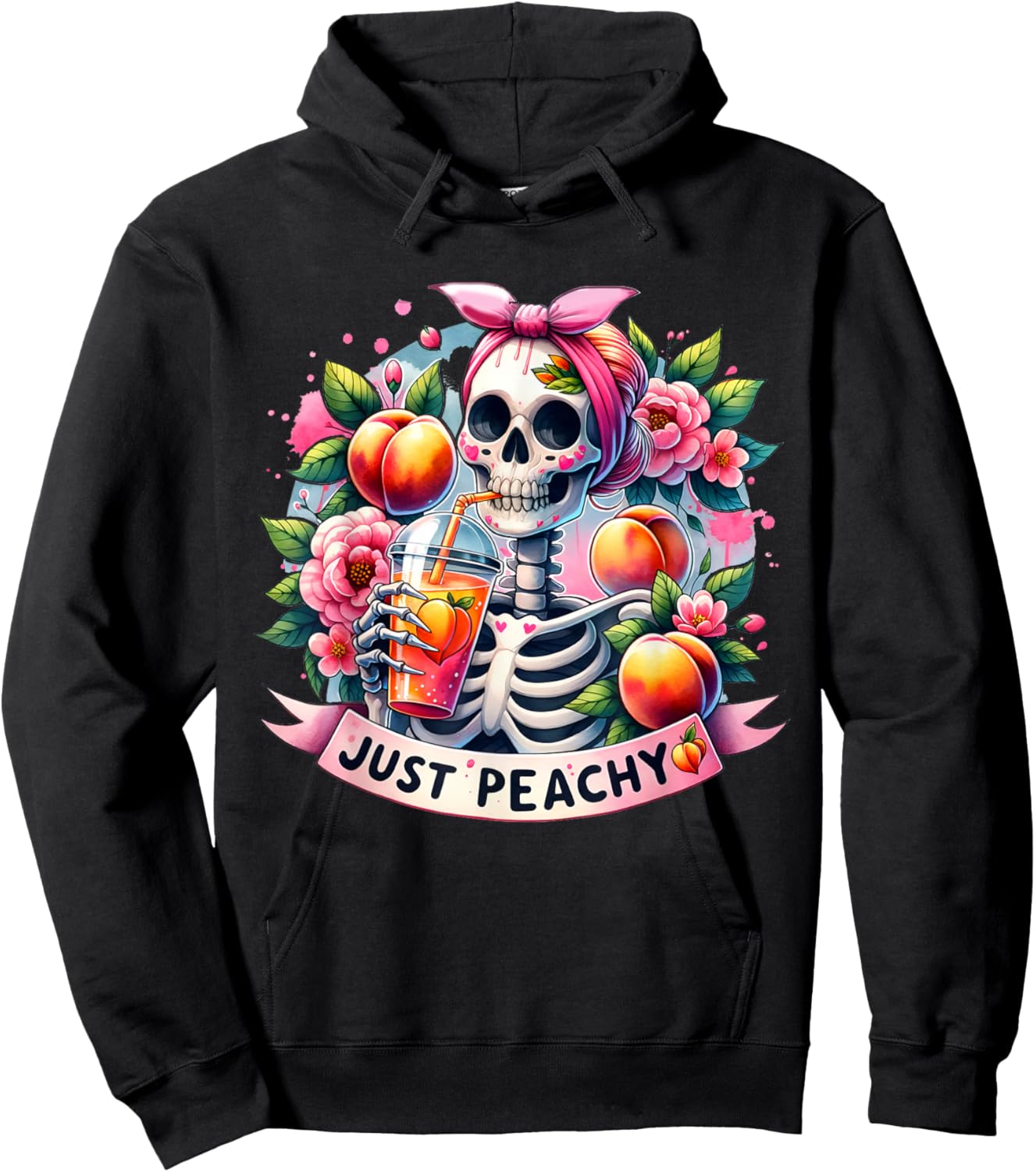 Just Peachy Skeleton Retro 70s Hippie Summer Vibes Funny Women Hoodie - Hoodie | Black
