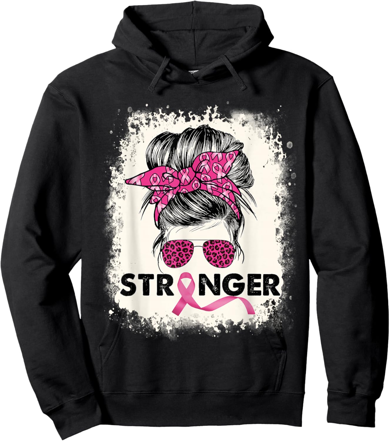 Stronger Messy Bun Breast Cancer Awareness Pink Warrior Hoodie - Hoodie | Black