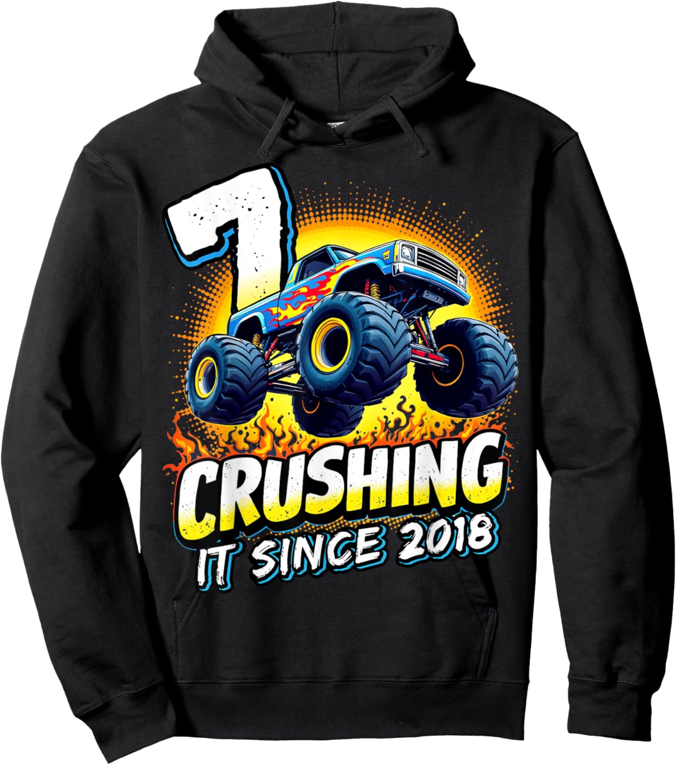 Birthday Monster Truck 7 year Old Boys 7th Party Born 2018 Hoodie - Hoodie | Black