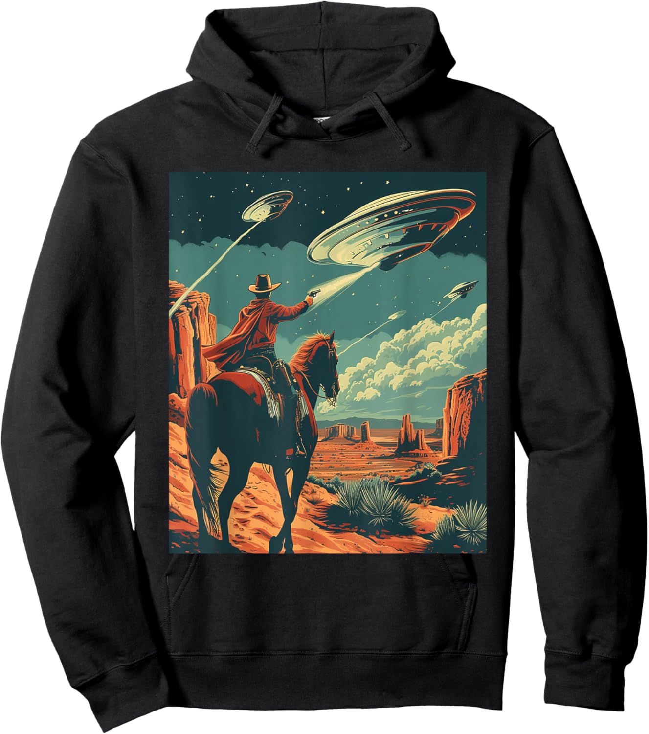 Retro Desert Cowboy Riding Horse Shooting At Space UFO Art Hoodie - Hoodie | Black