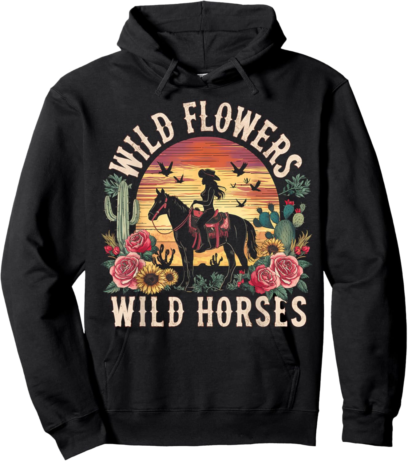 Retro Southern Sunset Cowgirl Wild Flowers Wild Horses Hoodie - Hoodie | Black