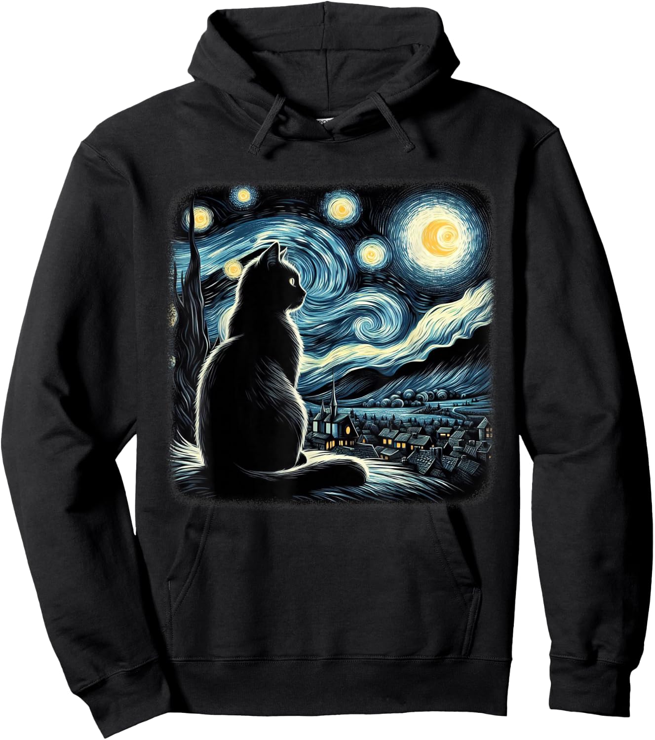 Van Gogh Starry Night Cat Art For Cat Lovers Cat Mom Cat Dad Hoodie - Hoodie | Black