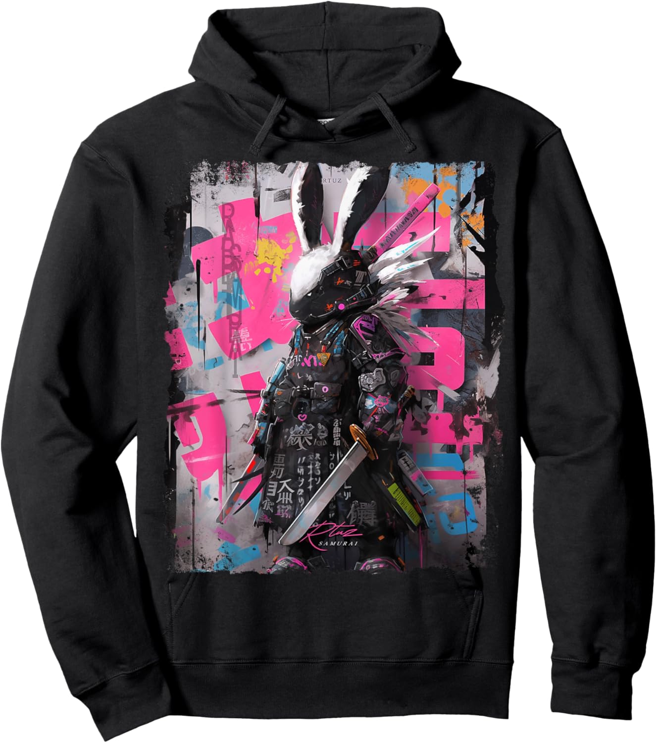 Hip Hop Y2K Vintage Hipster Hare Streetwear Bunny Samurai Hoodie - Hoodie | Black