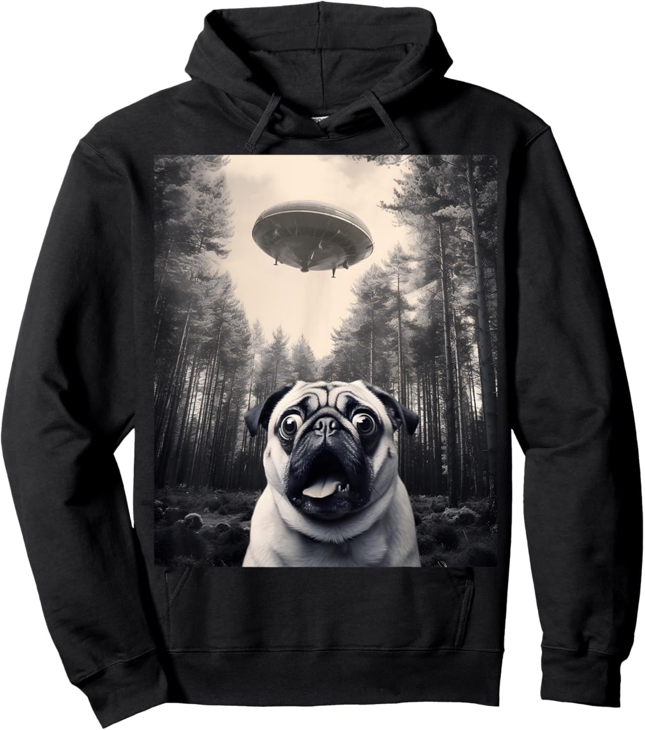 Cool Pug Selfie with UFOs Funny Pug Costume Alien Spaceship Hoodie - Hoodie | Black