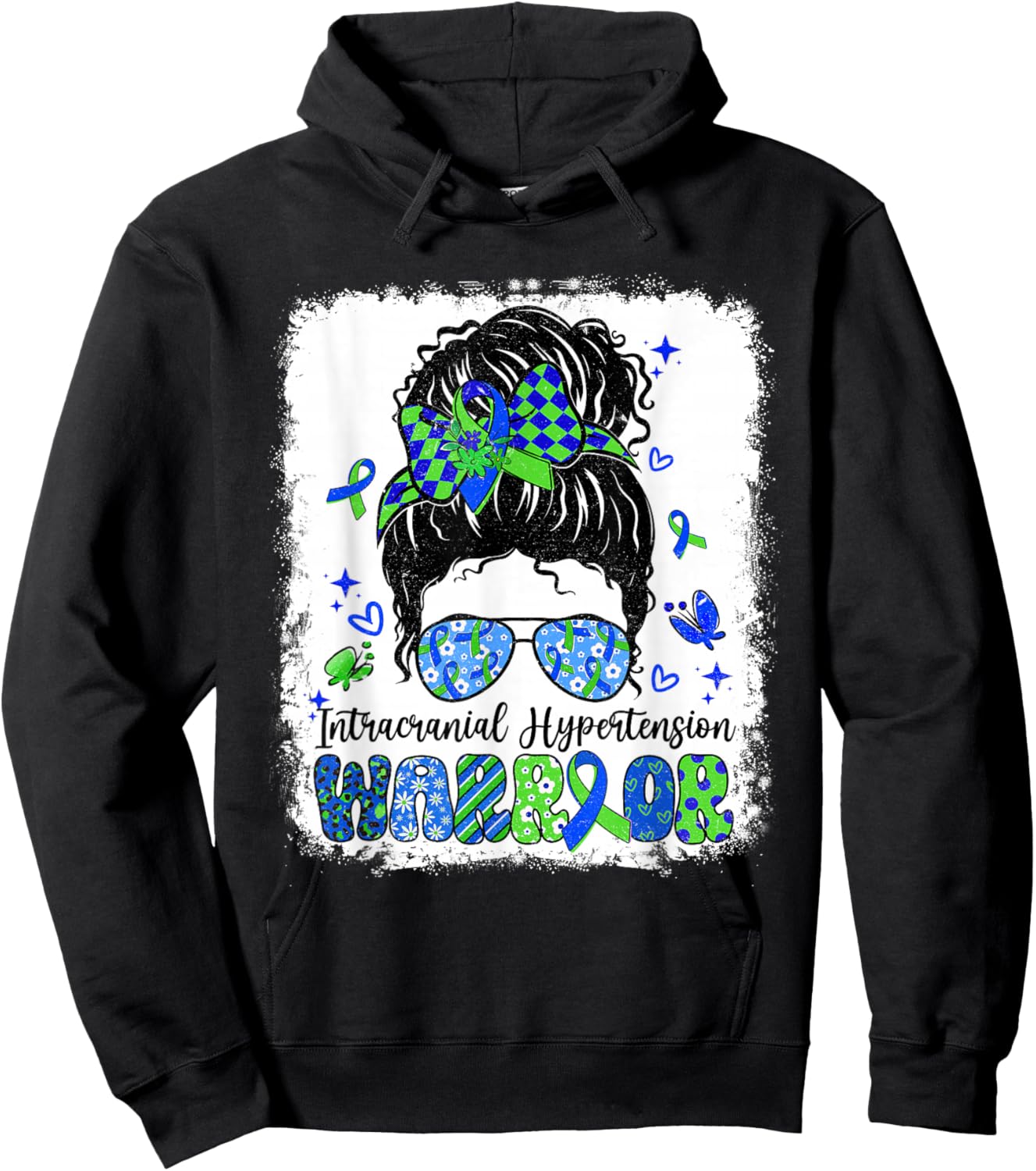 Warrior Messy Bun Green Blue Intracranial Hypertension Hoodie - Hoodie | Black