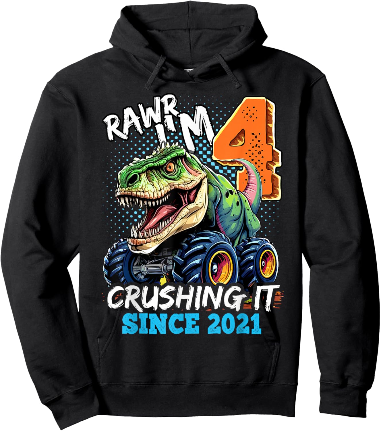 4th Birthday Monster Truck Dinosaur Party Boys Rawr I'm 4 Hoodie - Hoodie | Black