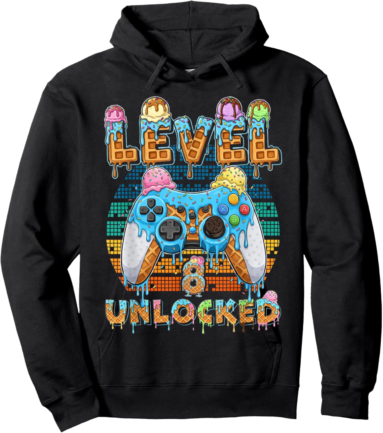 Level 8 Unlocked Gamer Birthday Ice Cream Retro Arcade Hoodie - Hoodie | Black