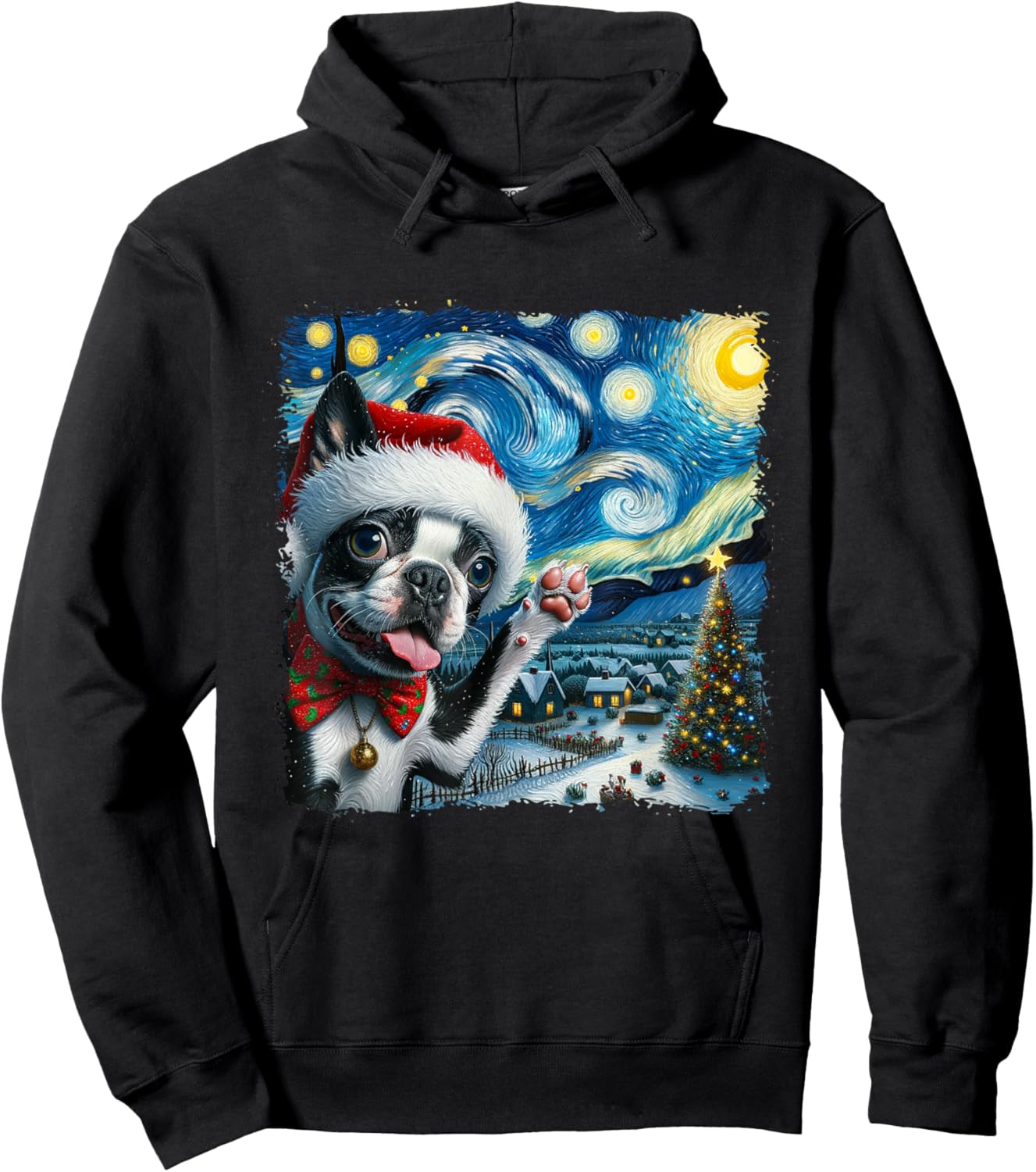Boston Terrier Santa Starry Night Van Gogh Christmas Dog Men Women Kids Hoodie - Hoodie | Black