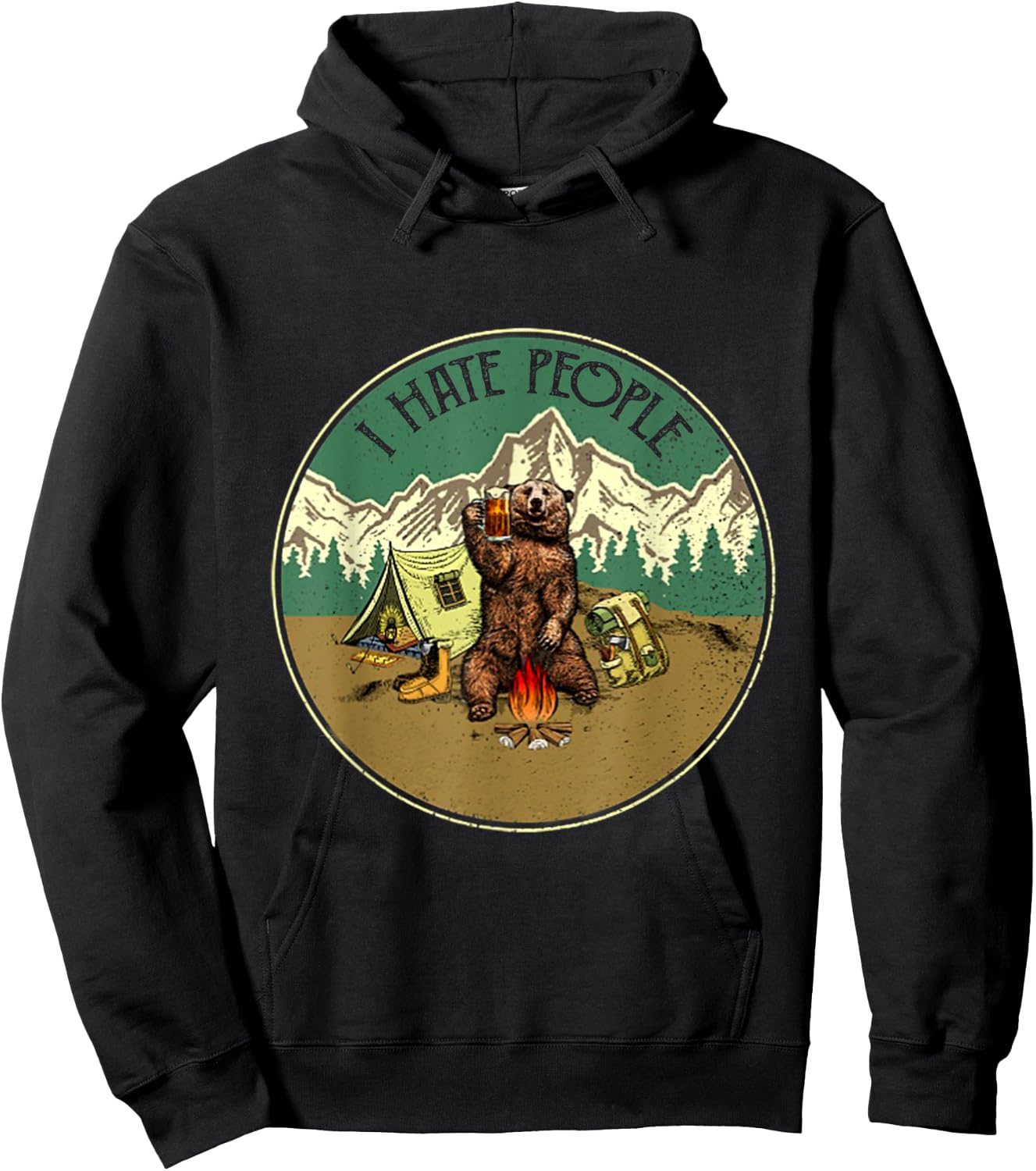 I Hate People Funny Bear Drinking Camper Hoodie - Hoodie | Black