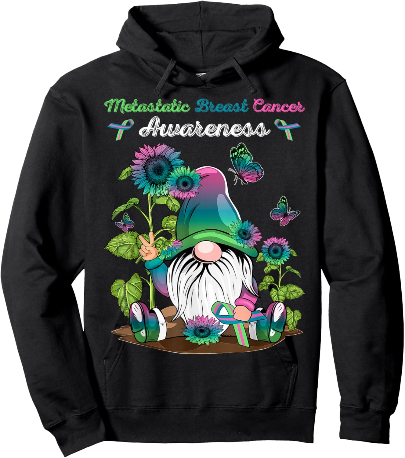 Metastatic Breast Cancer Gnome With Green Teal Pink Ribbon Hoodie - Hoodie | Black