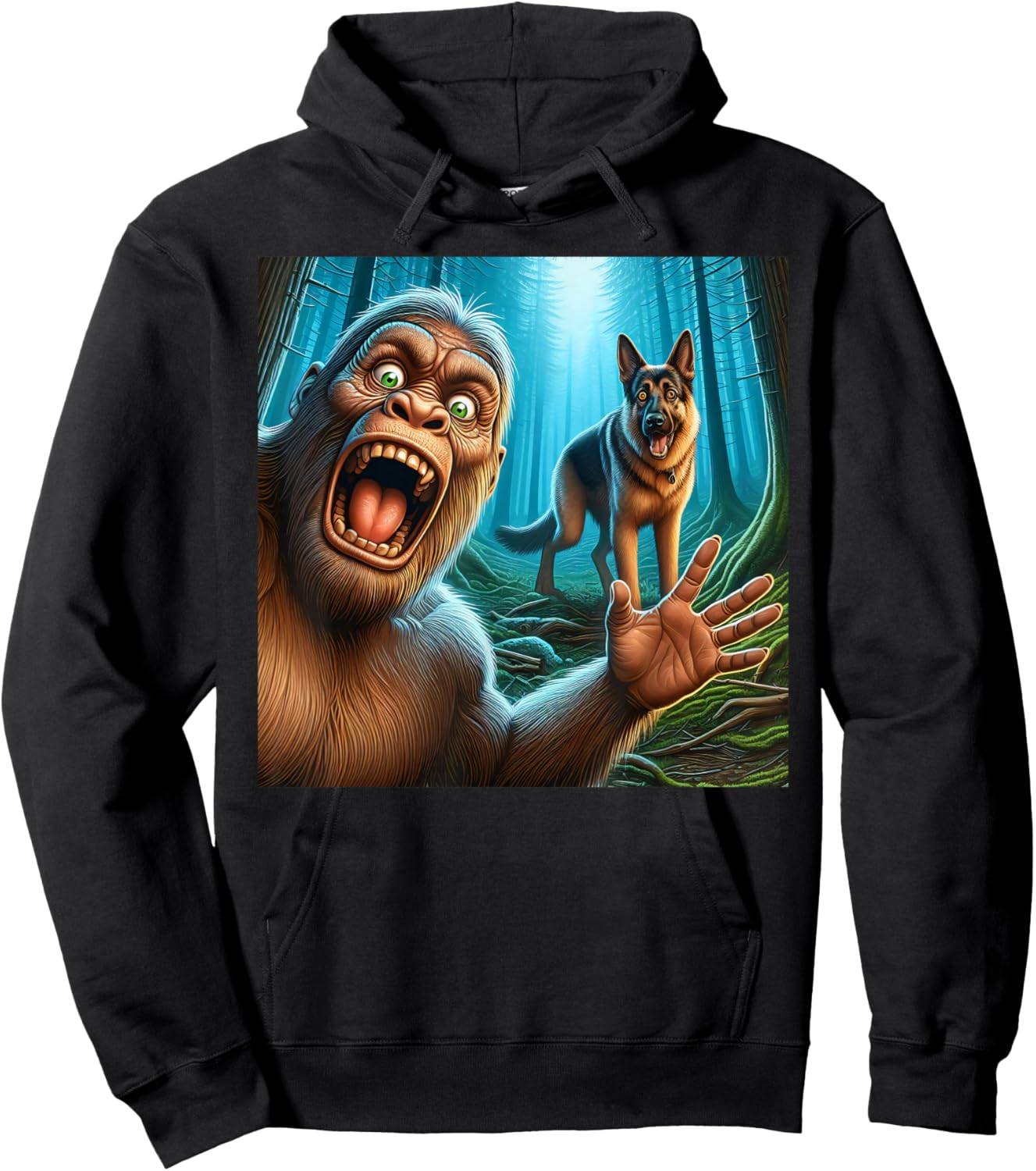 Bigfoot selfie with German shepherd surprised sasquatch Hoodie - Hoodie | Black