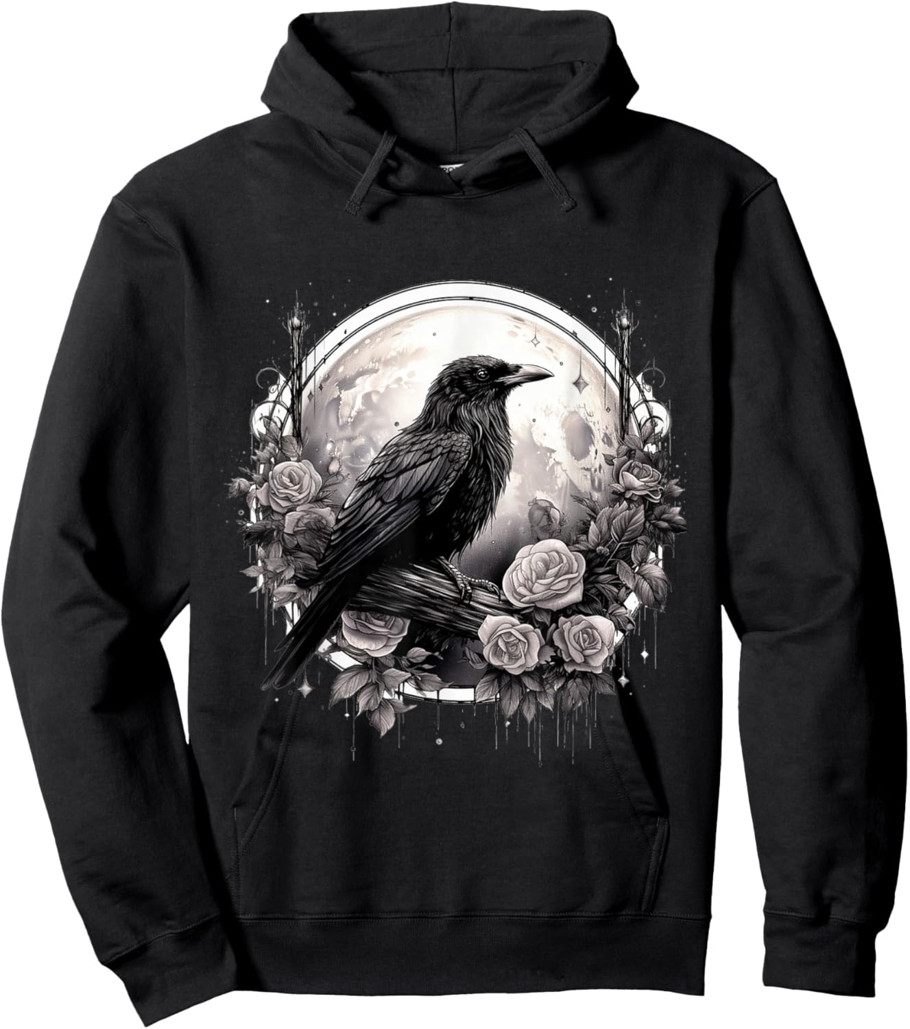 Raven Full Moon Gothic Witchy Crow Roses Mystical Hoodie - Hoodie | Black