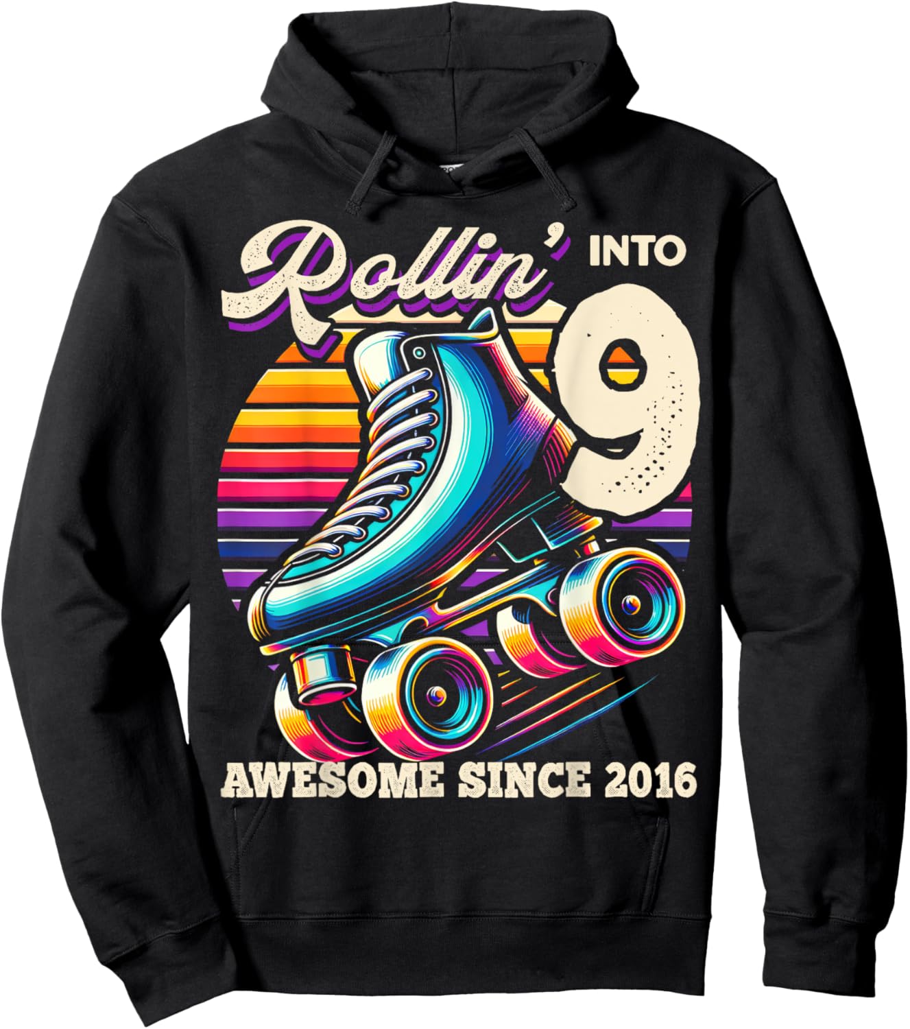 Birthday Roller Skating 9th Girls Rollin into 9 Skate Party Hoodie - Hoodie | Black