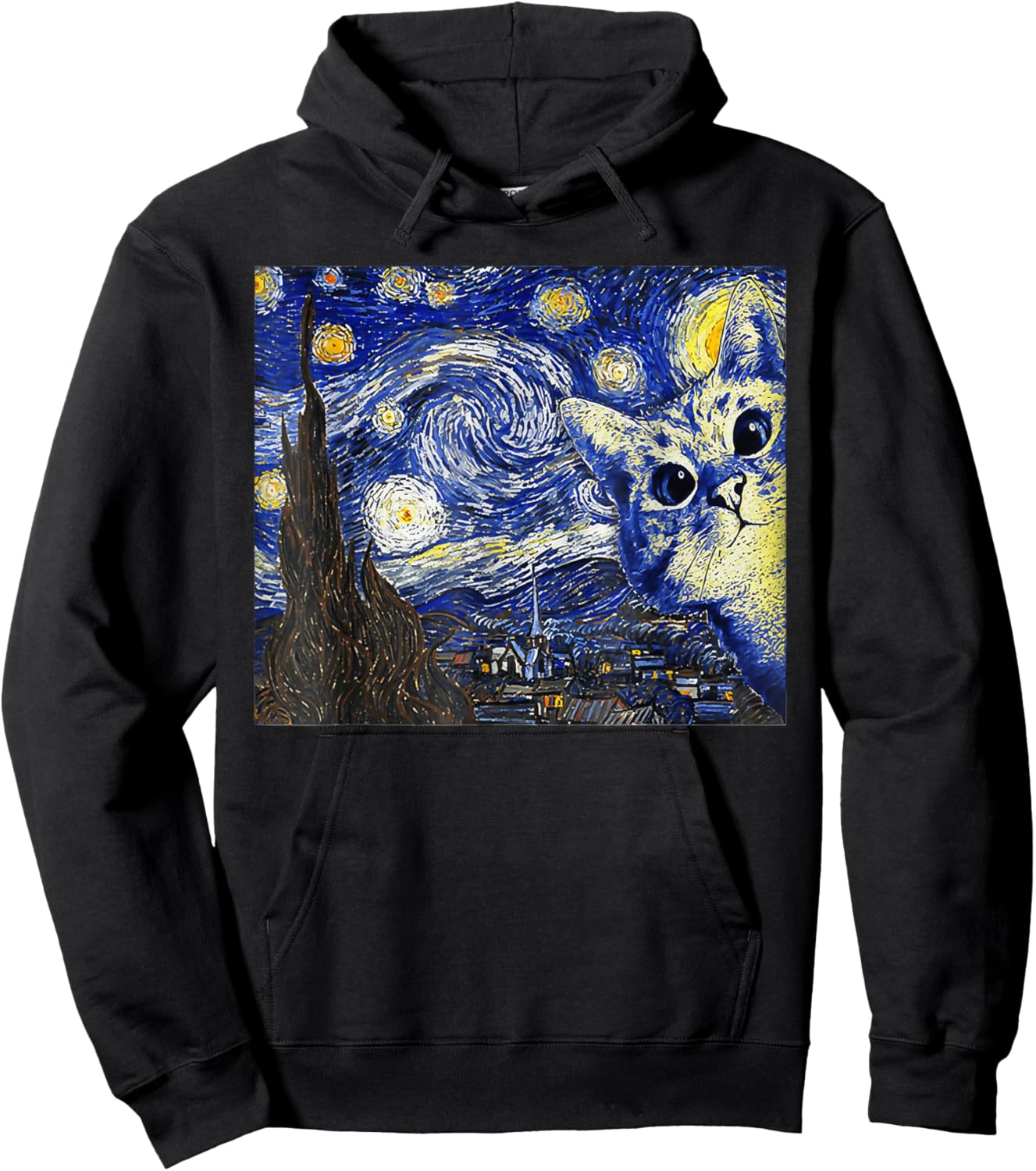 Cat , Starry Night Cat, Cat Shirt, Van Gogh Cat Hoodie - Hoodie | Black