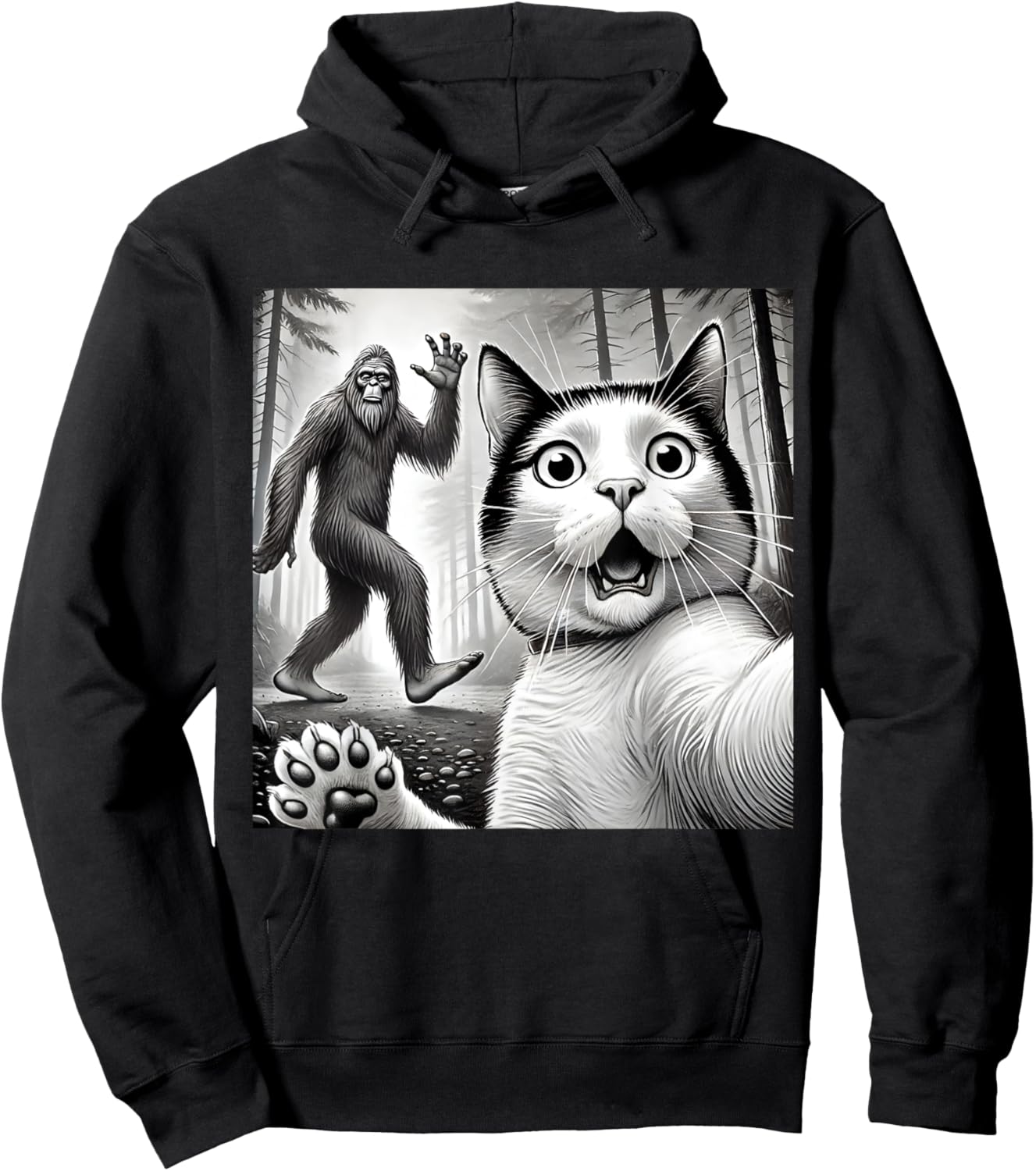 Funny Surprised Scared Cat Taking Selfie with Bigfoot Women Kids Hoodie - Hoodie | Black