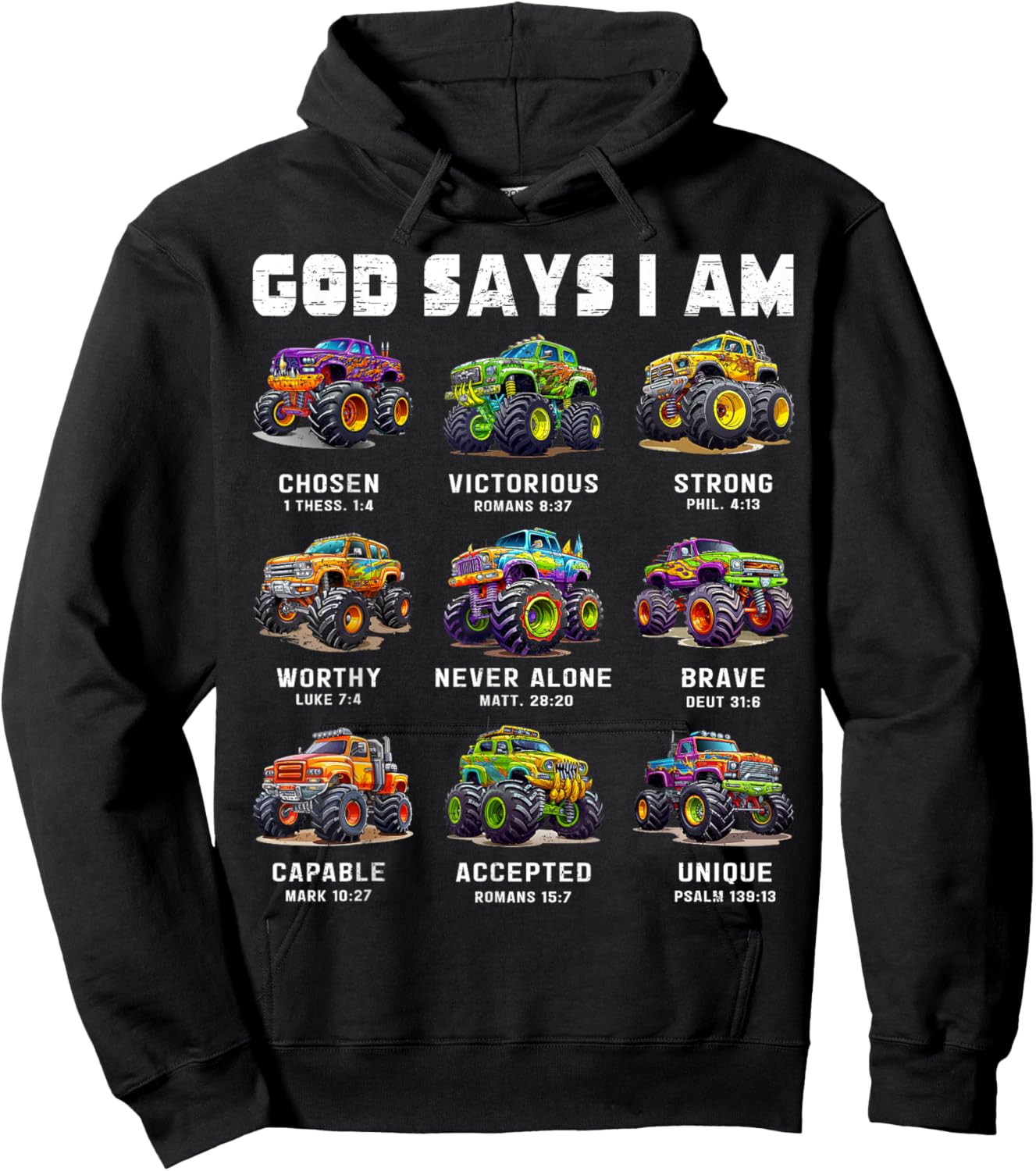 God Says I Am Monster Truck Toddler Kids Bible Verse Hoodie - Hoodie | Black
