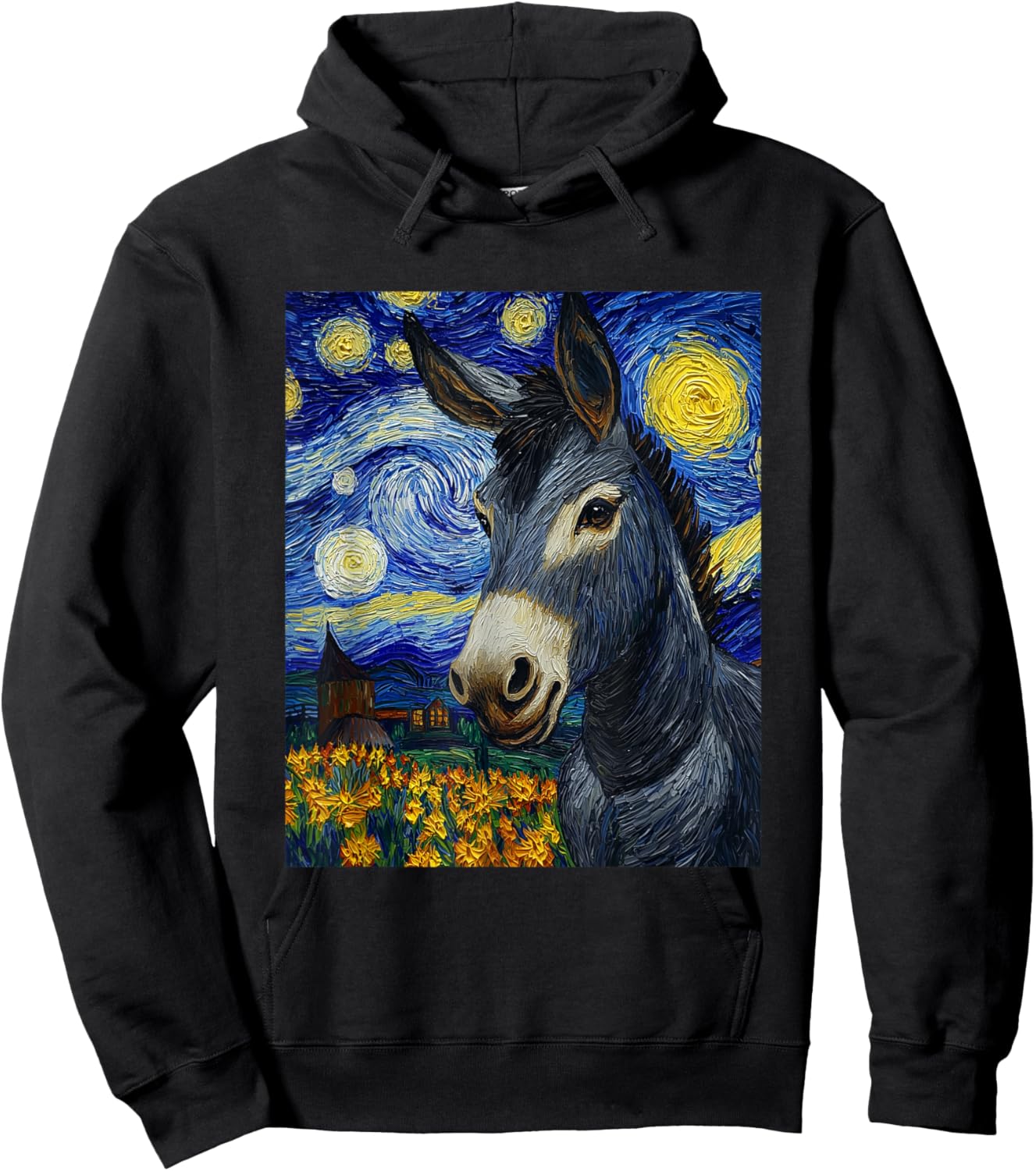 Funny Donkey - Van Gogh Style - Starry Night Graphic Hoodie - Hoodie | Black
