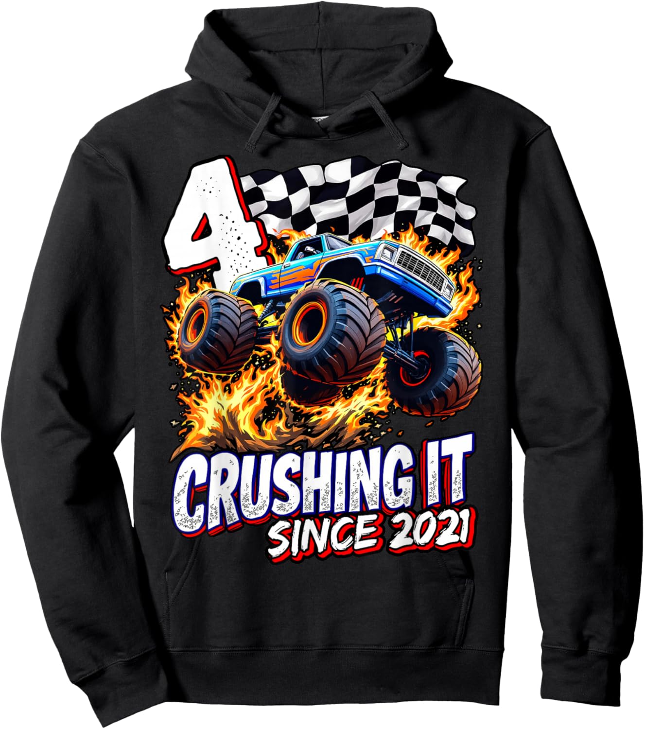 Birthday Monster Truck 4 year Old Boys 4th Party Born 2021 Hoodie - Hoodie | Black
