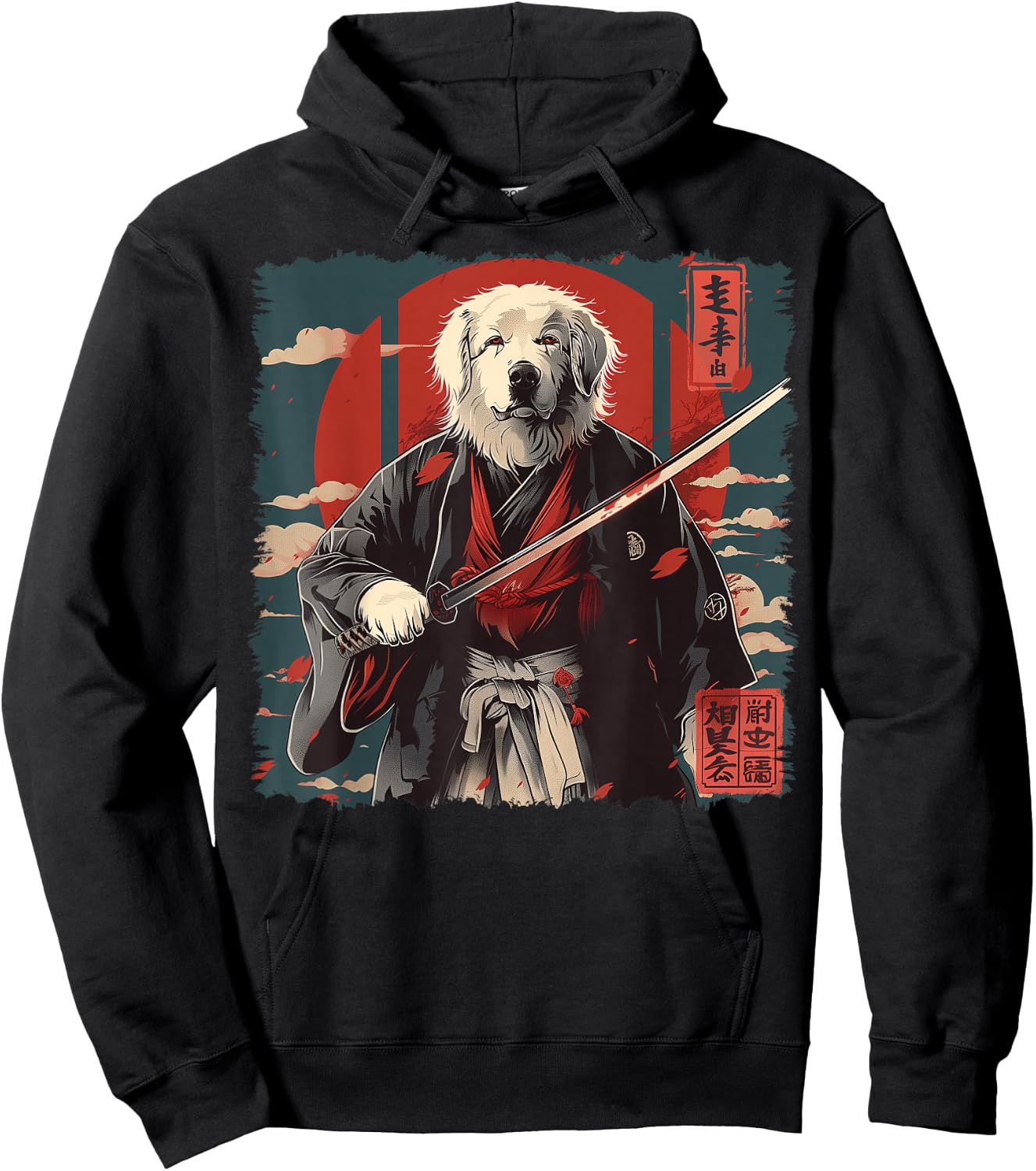 Great Pyrenees Dog Japanese Art Samurai Ukiyo-e Vintage Hoodie - Hoodie | Black