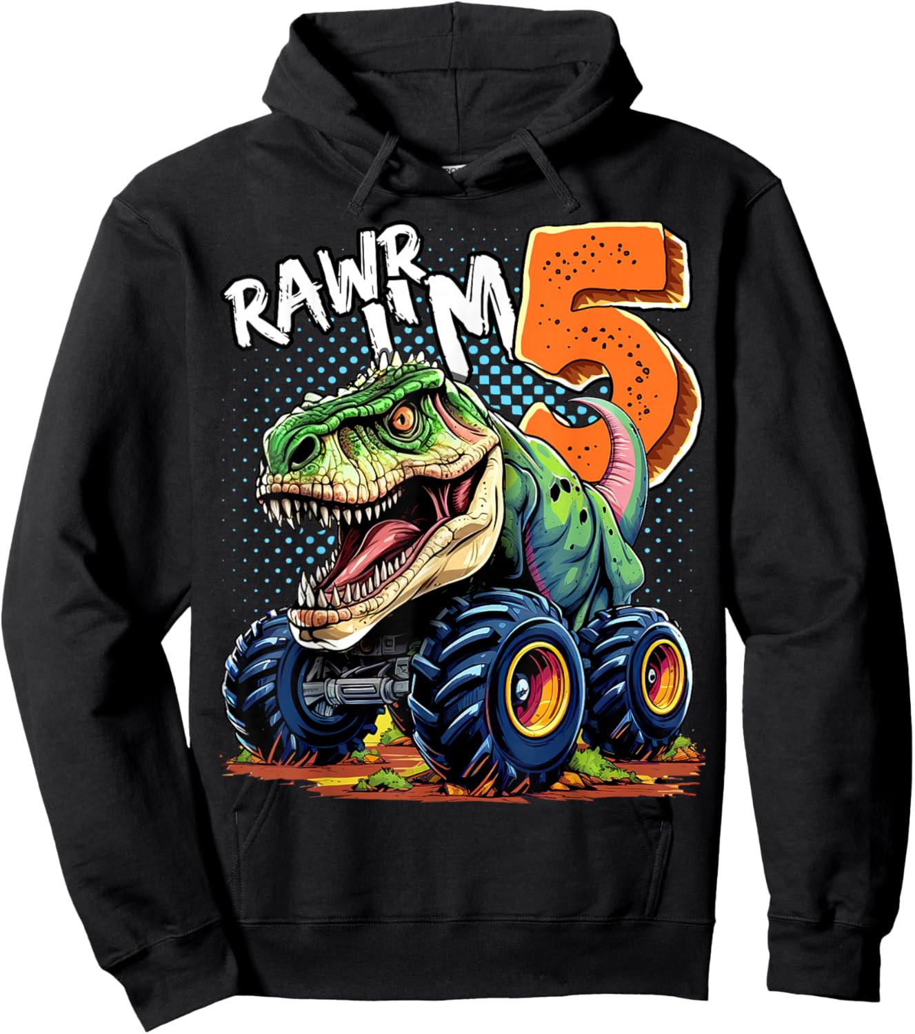 Monster Truck Dinosaur T-Rex 5th Birthday Boy 5 Year Old Hoodie - Hoodie | Black