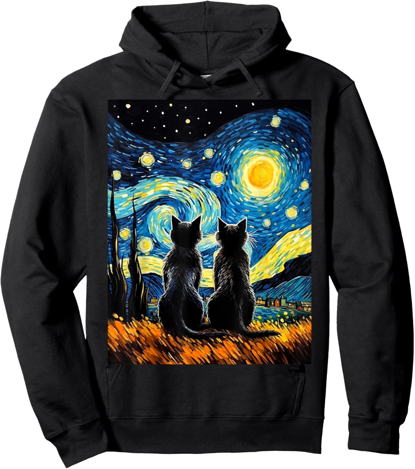 Black Cats Lover Starry Night Vincent van Gogh Hoodie - Hoodie | Black
