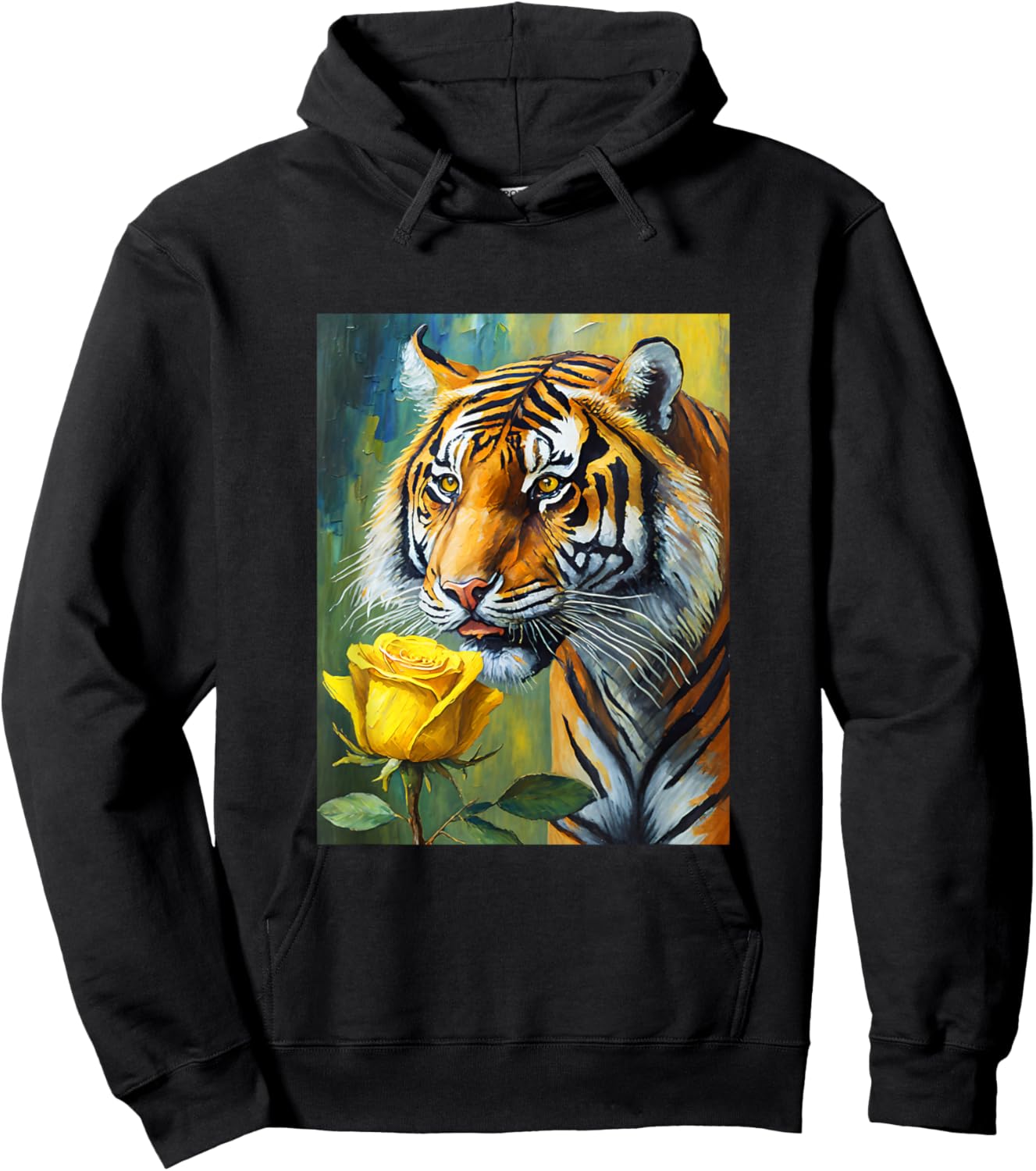Tiger Sniffing a Yellow Rose Illustration Graphic Design Hoodie - Hoodie | Black