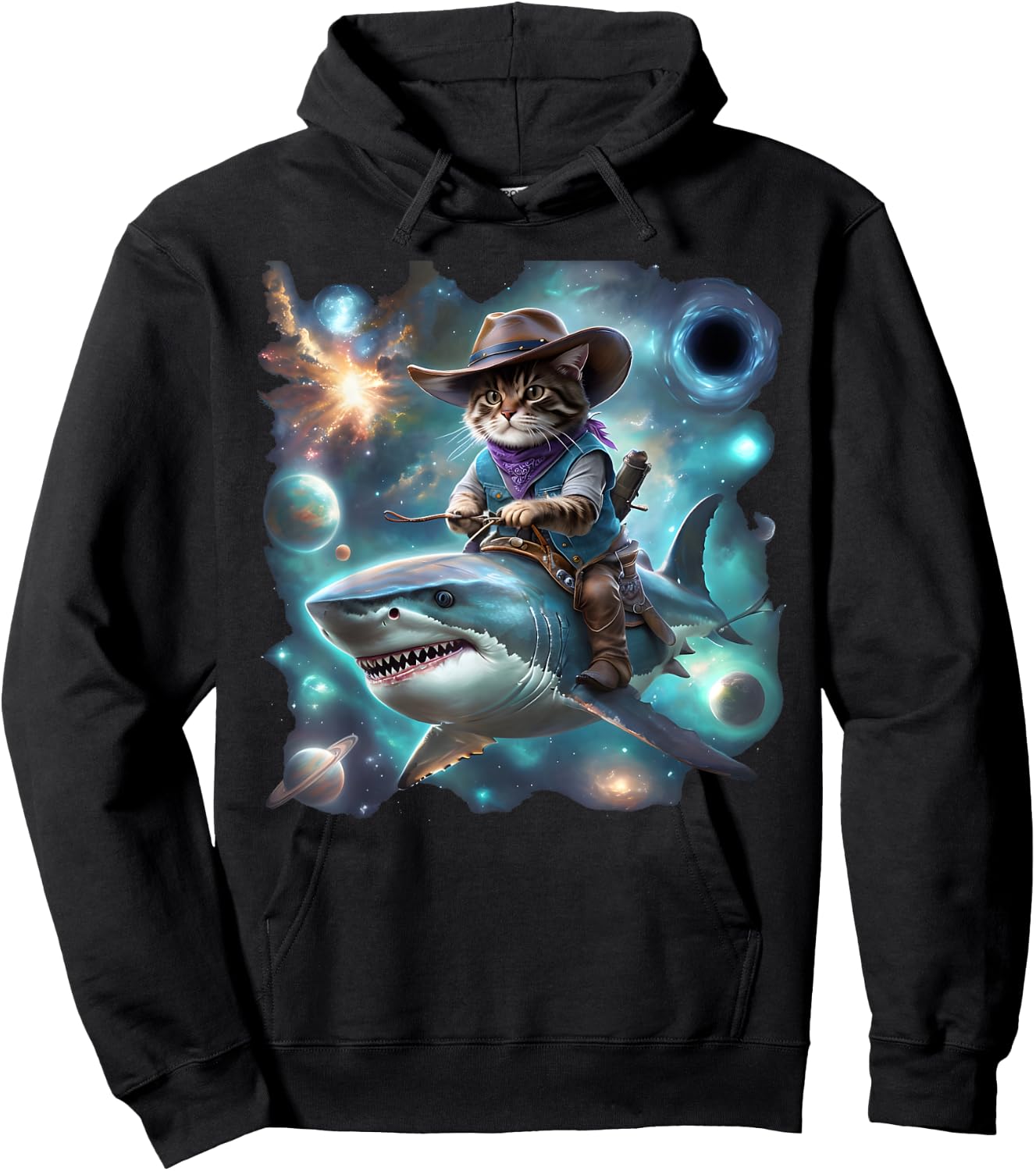 Cat Riding Shark Rainbow Galaxy Cat Cowboy Shark Humor Hoodie - Hoodie | Black