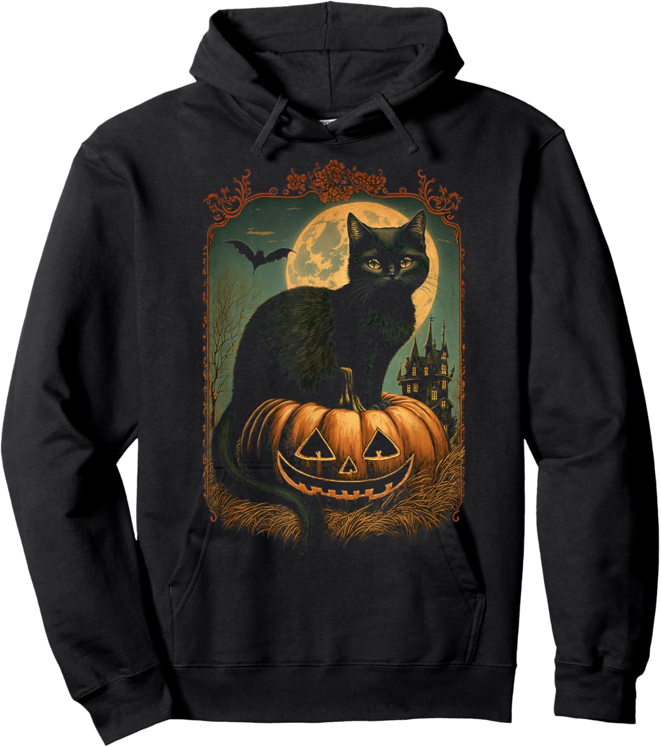 Black Cat Sitting On Jack-o-lantern On Halloween Night Women Kids Hoodie - Hoodie | Black
