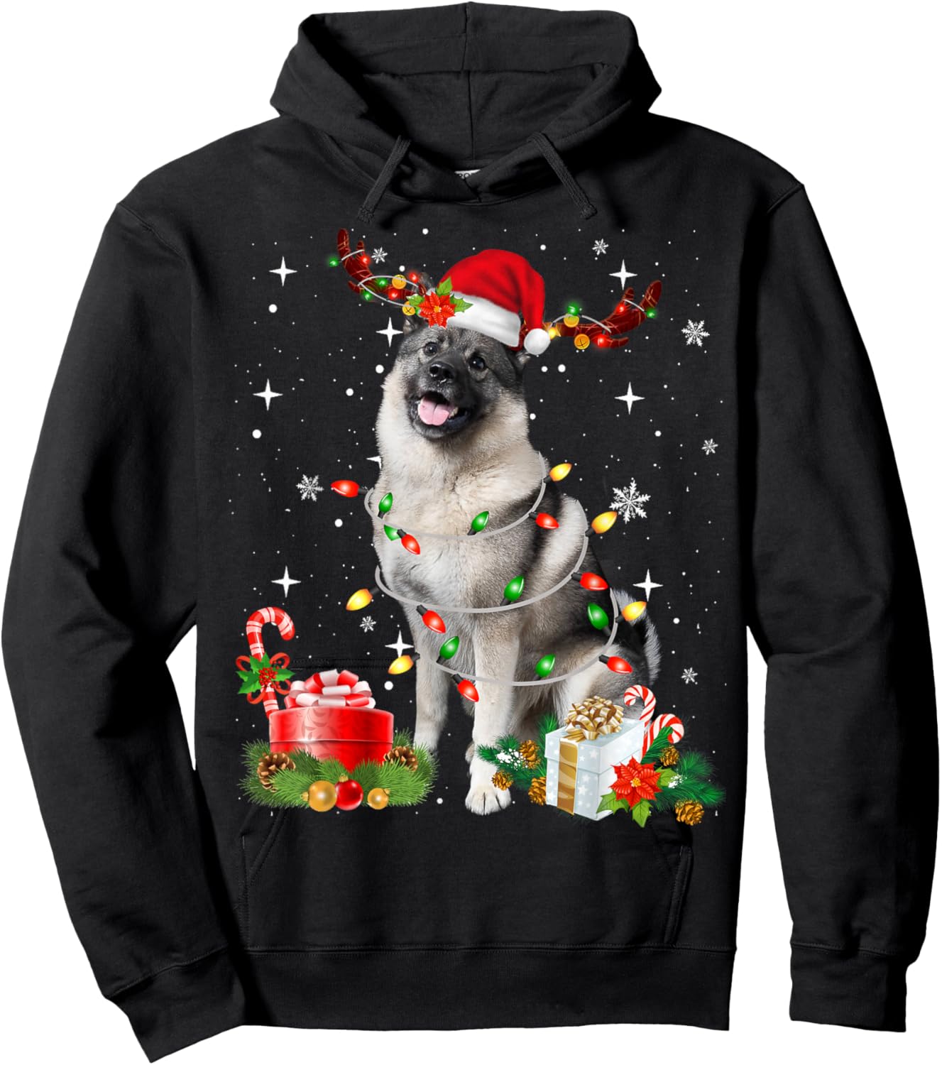 Funny Norwegian Elkhound Santa Hat Christmas Lights Pajama Hoodie - Hoodie | Black