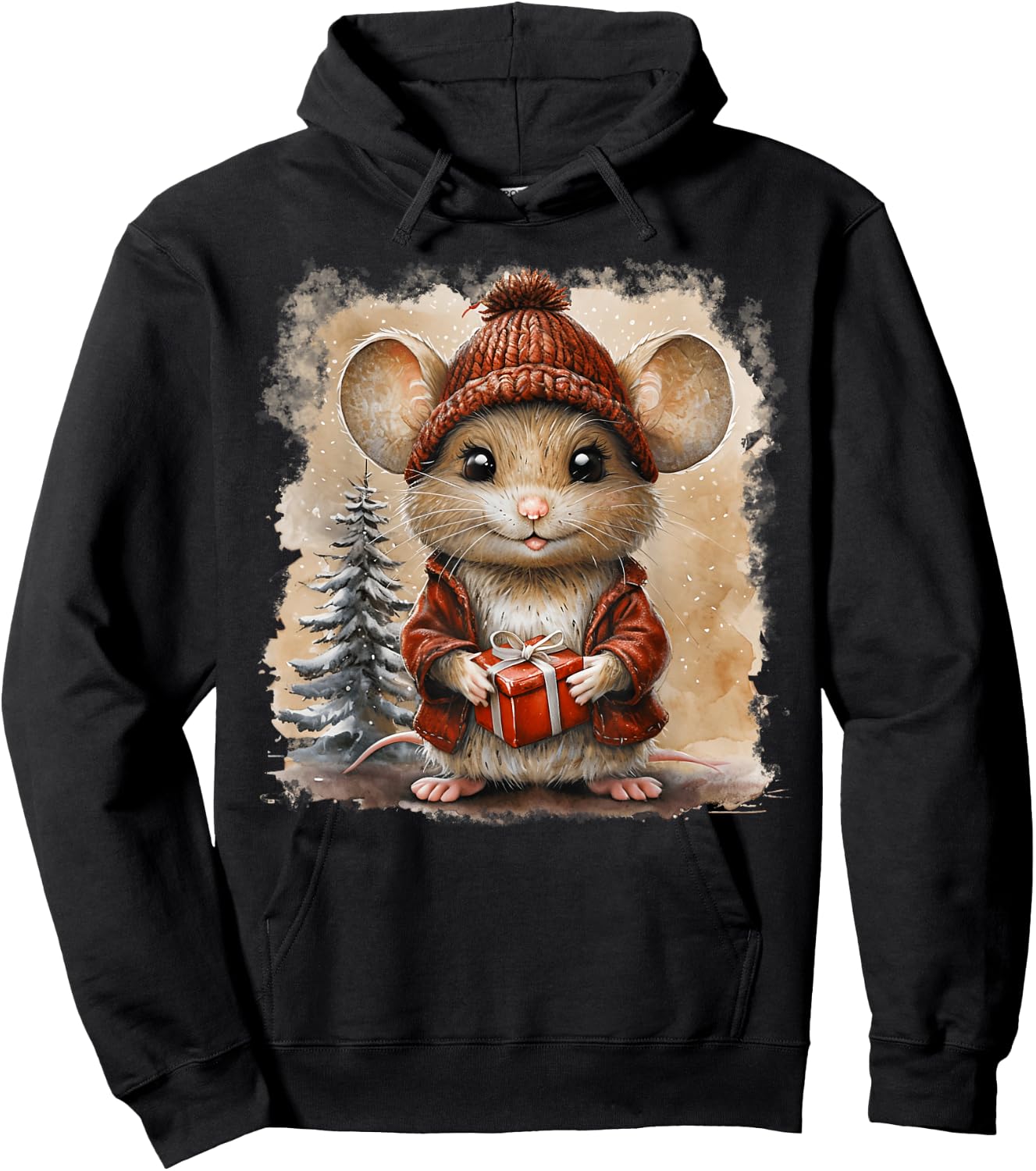 Cute Mouse Christmas Mouse Wearing Santa Hat Matching Pajama Hoodie - Hoodie | Black