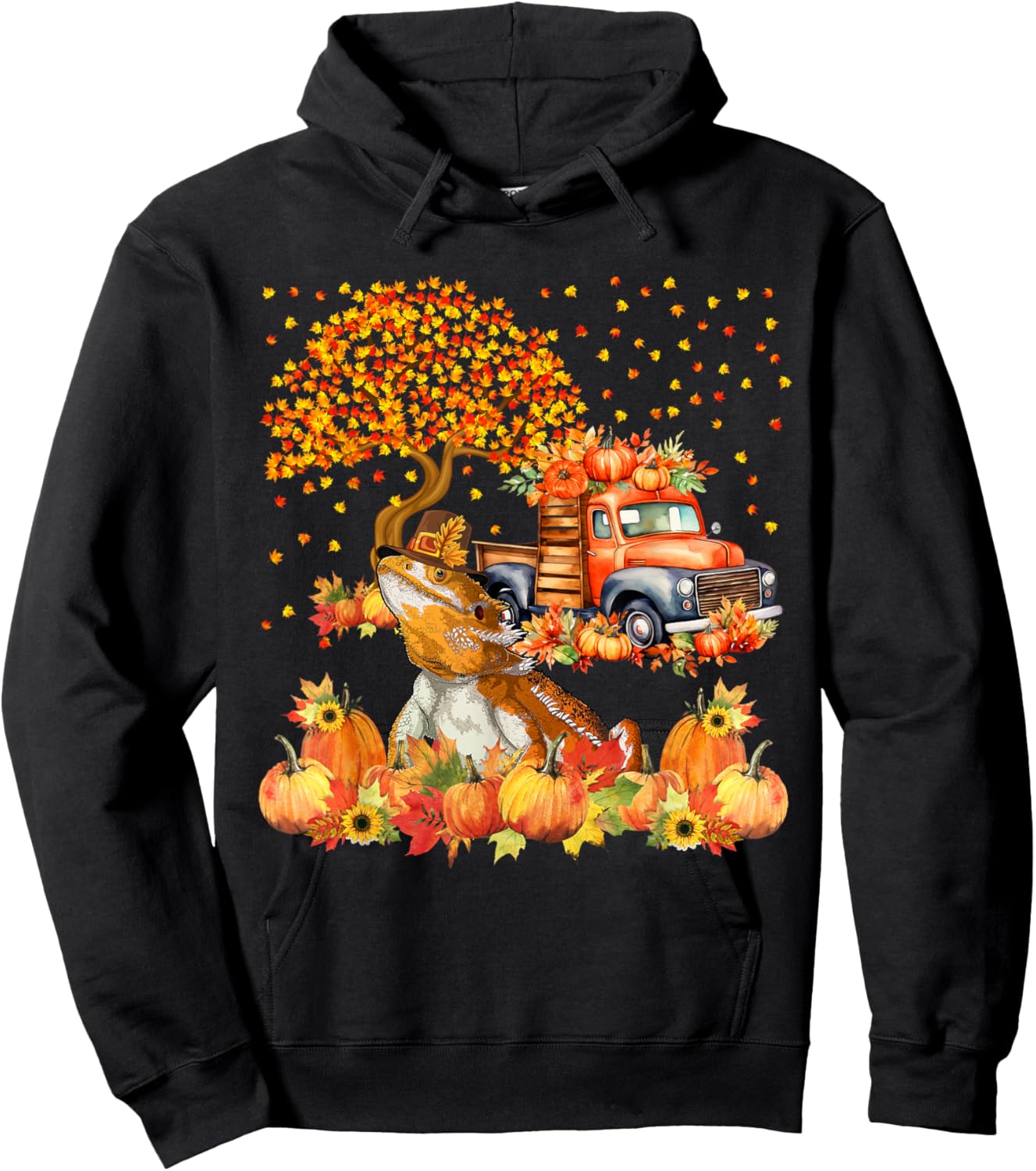 Thanksgiving Bearded Dragon with Fall Pumpkins Sunflowers Hoodie - Hoodie | Black