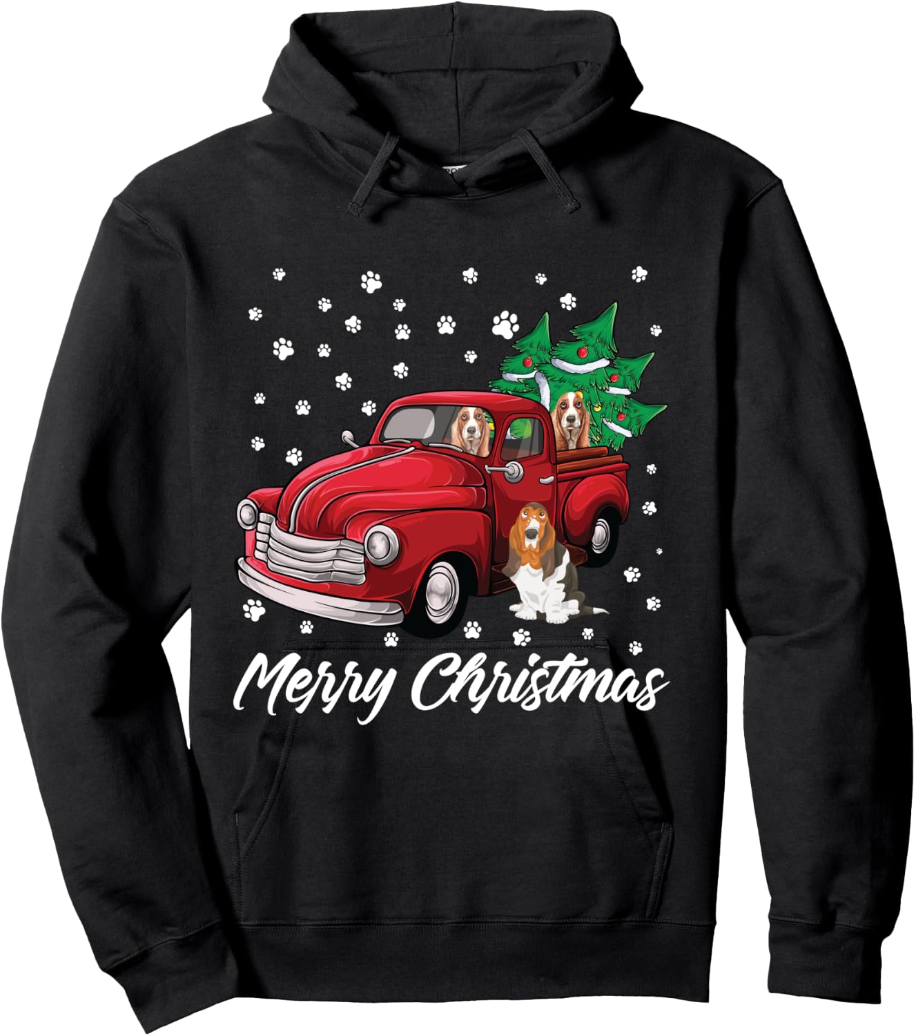 Red Truck Merry Christmas Tree Basset Hound Christmas Hoodie - Hoodie | Black
