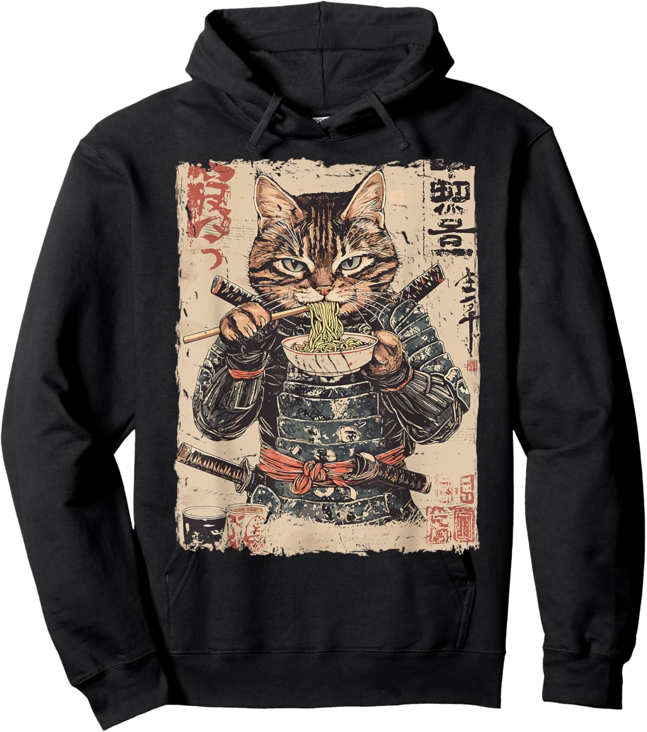 Samurai Cat Loves Ramen Funny Anime Japanese Artwork Samurai Hoodie - Hoodie | Black