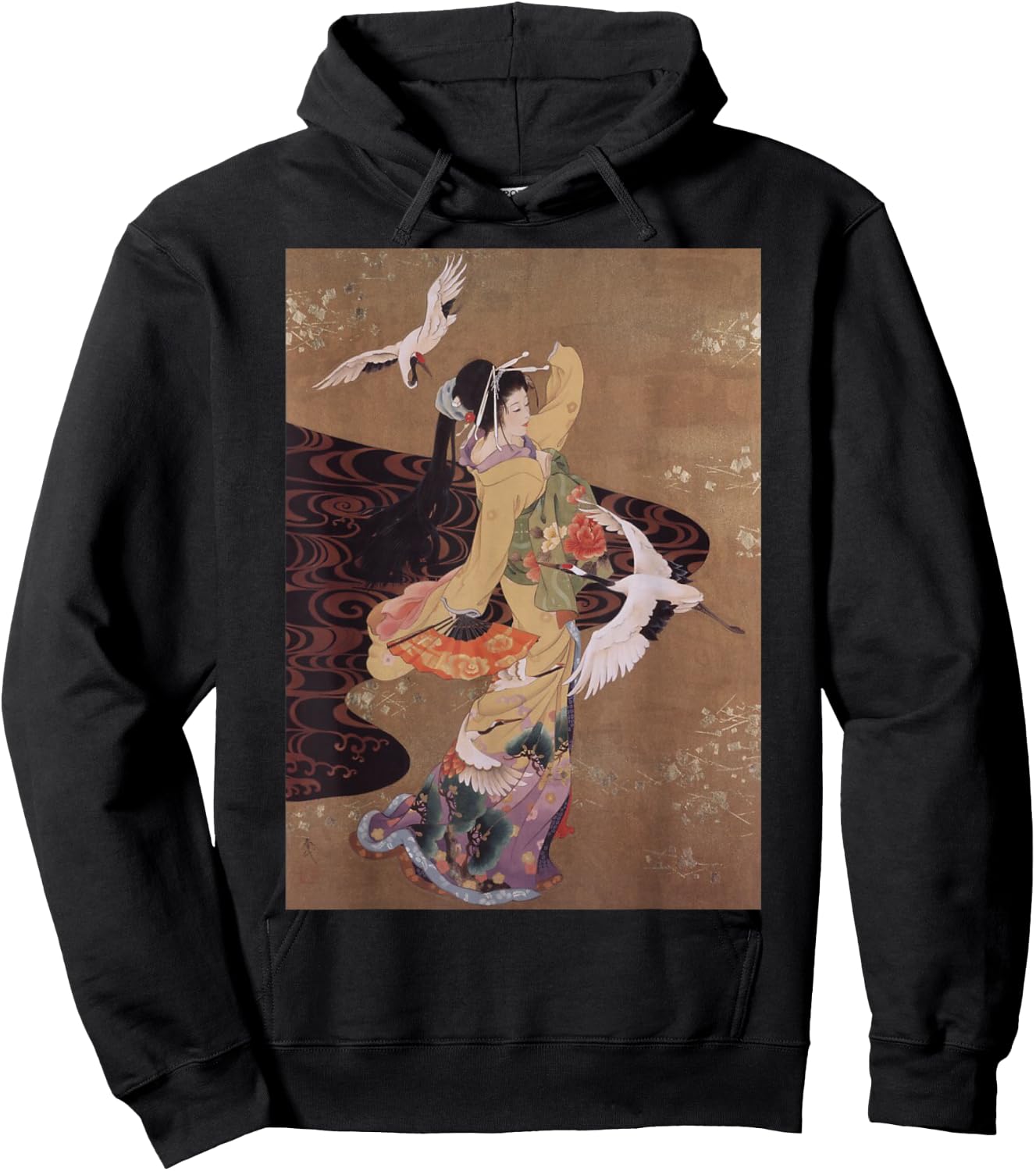 Dance of Cranes Japanese Retro Art Small Hoodie - Hoodie | Black