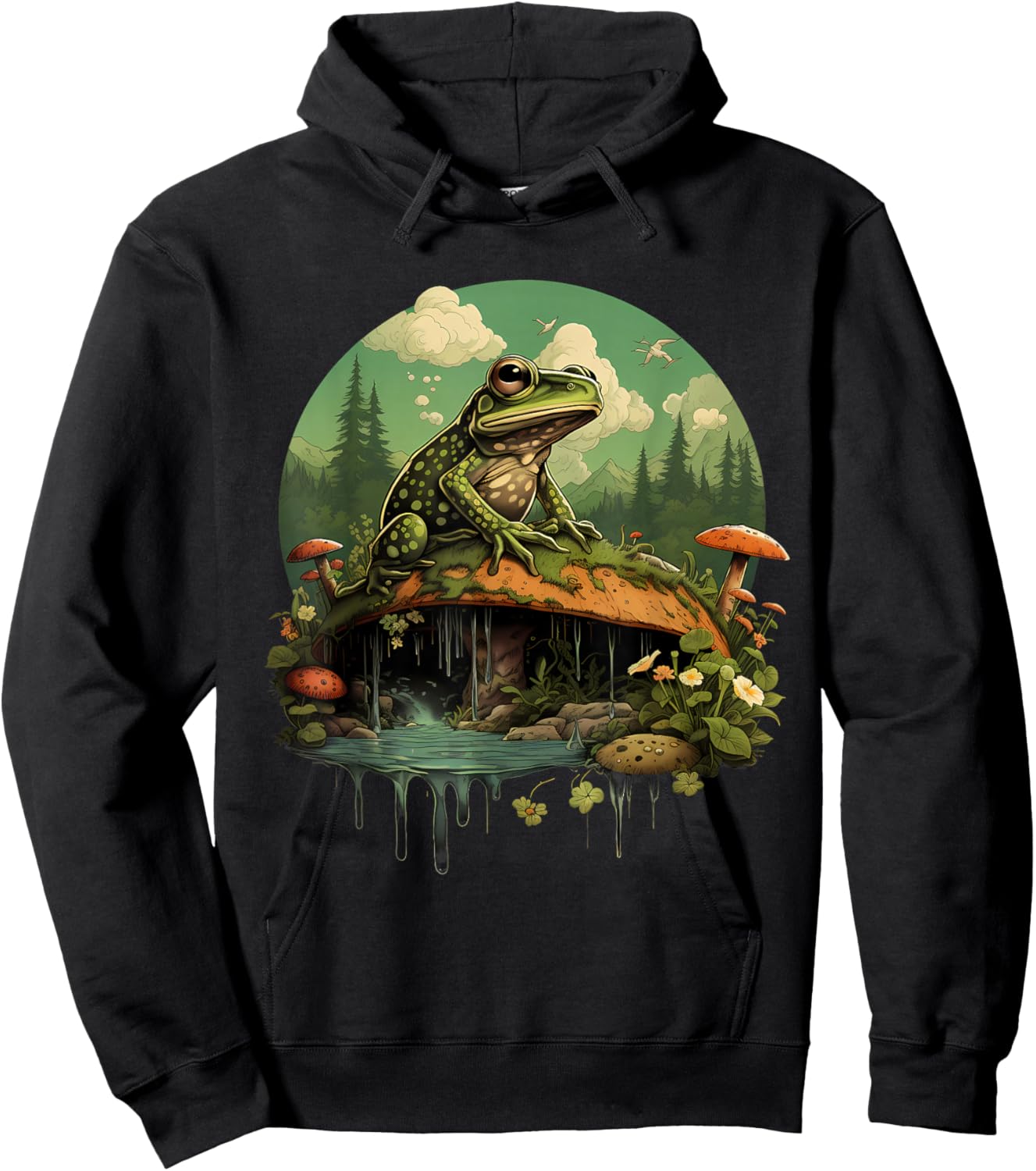Frog Mushroom Toad Landscape Forest Nature Animal Art Hoodie - Hoodie | Black